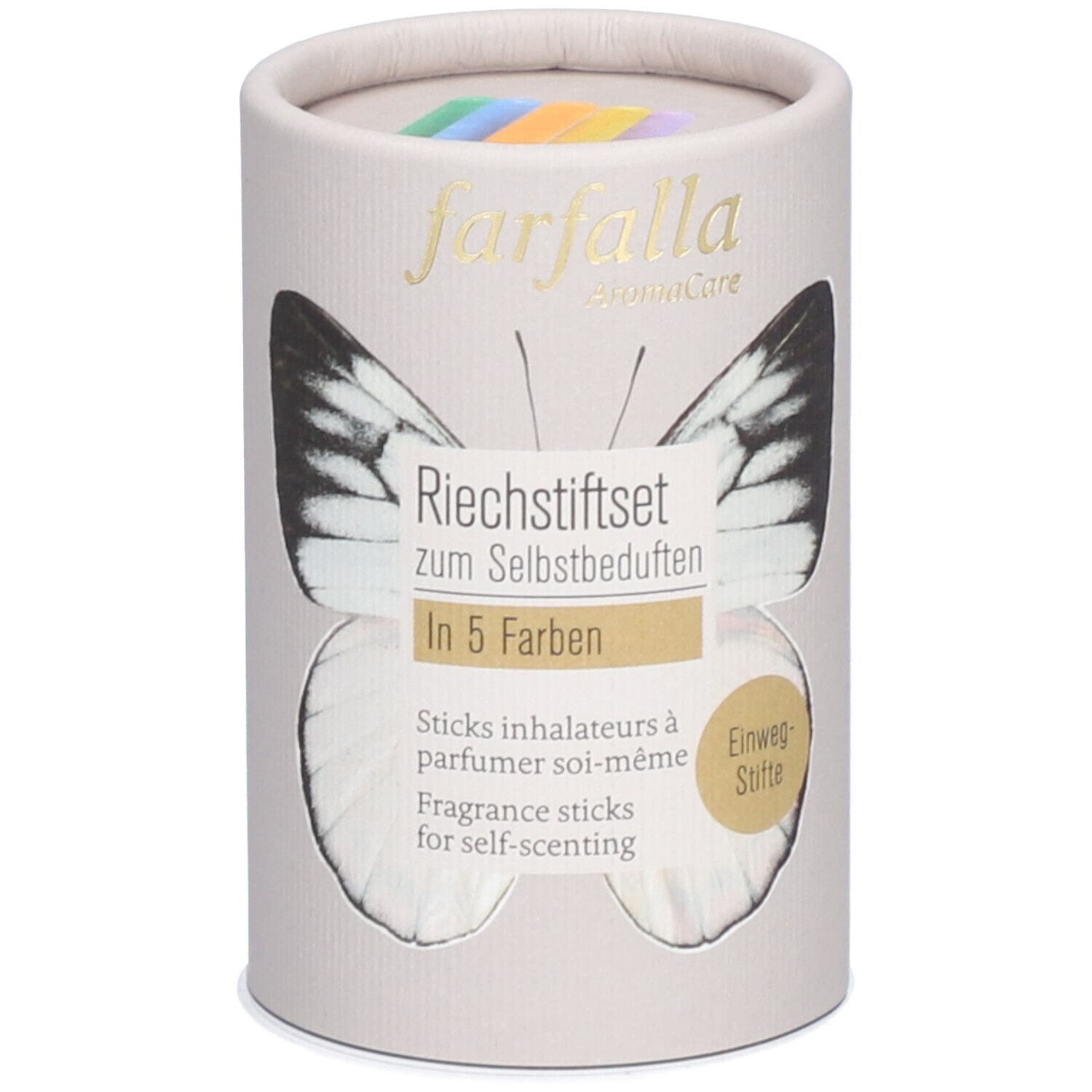 Zylindrische Verpackung mit farbigen Inhalationssticks. Aufschrift: Riechstiftset, 5 Farben, farfalla aromaCare.