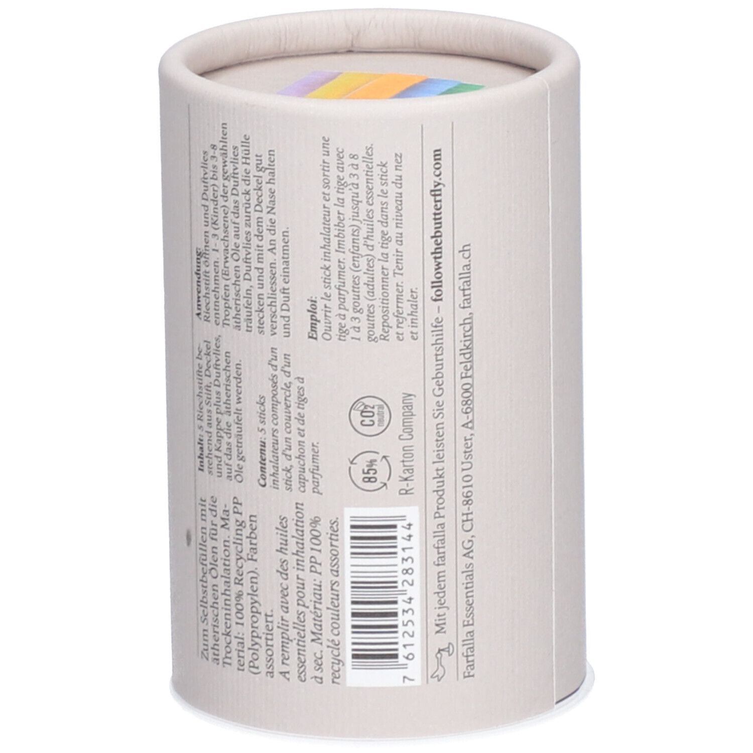 Zylindrische Verpackung, Rückseite mit Text. Aufschrift: farfalla Essentials, Inhaltsstoffe, Anwendung, recyclebar.