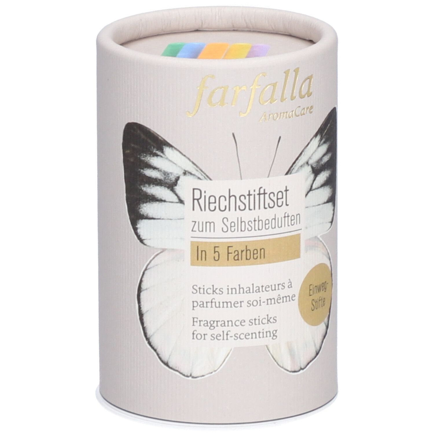 Zylindrische Verpackung mit farbigen Inhalationssticks. Aufschrift: Riechstiftset, 5 Farben, farfalla aromaCare.