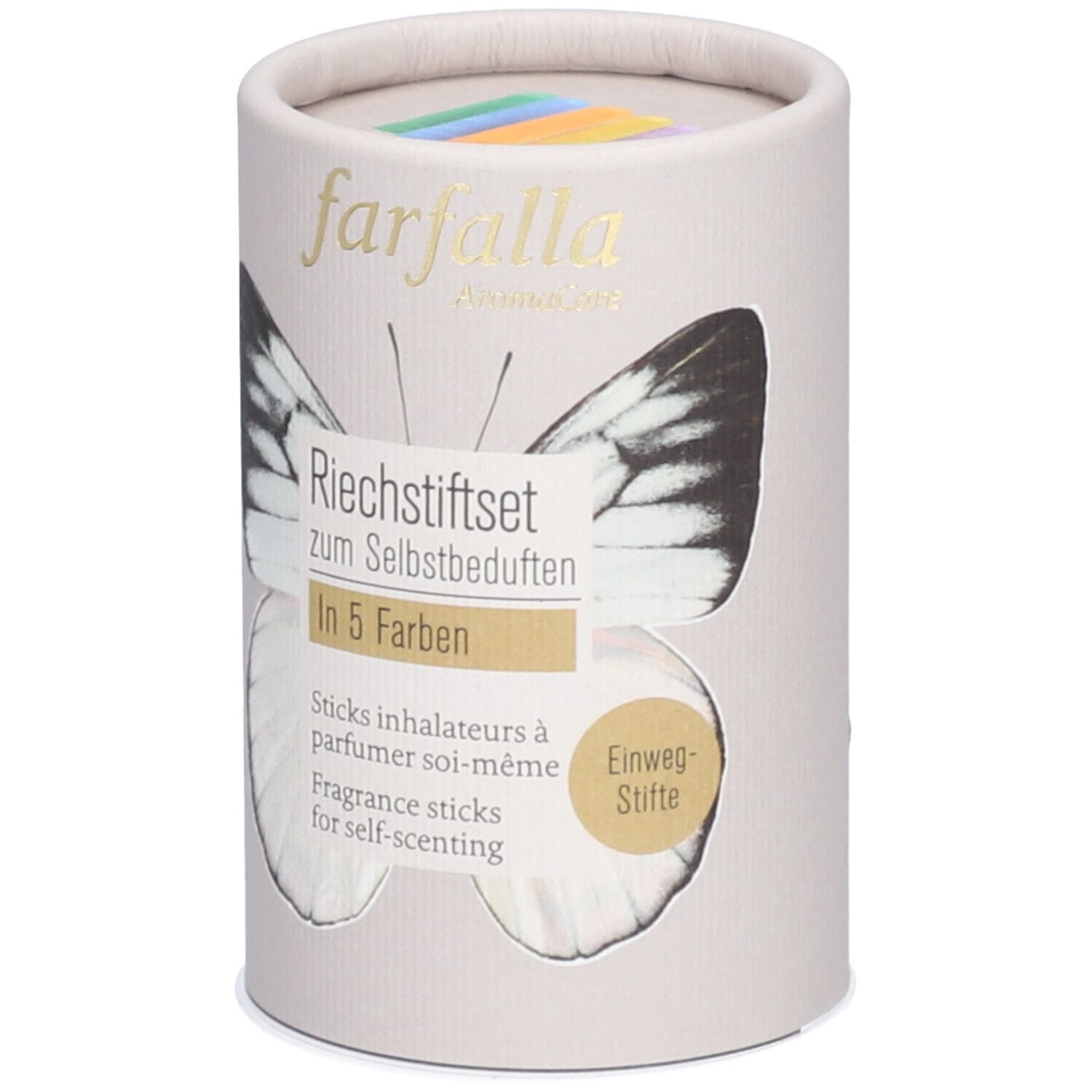 Zylindrische Verpackung mit farbigen Inhalationssticks. Aufschrift: Riechstiftset, 5 Farben, farfalla aromaCare.