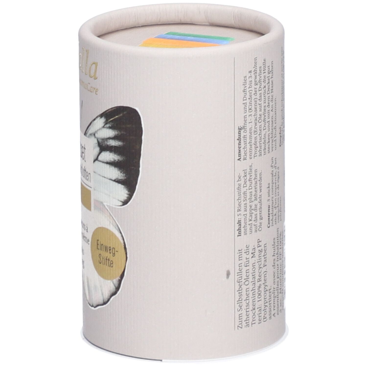 Zylindrische Verpackung, Seite mit Text. Aufschrift: Riechstiftset, 5 Farben, farfalla aromaCare. Abbildung eines Schmetterlings.
