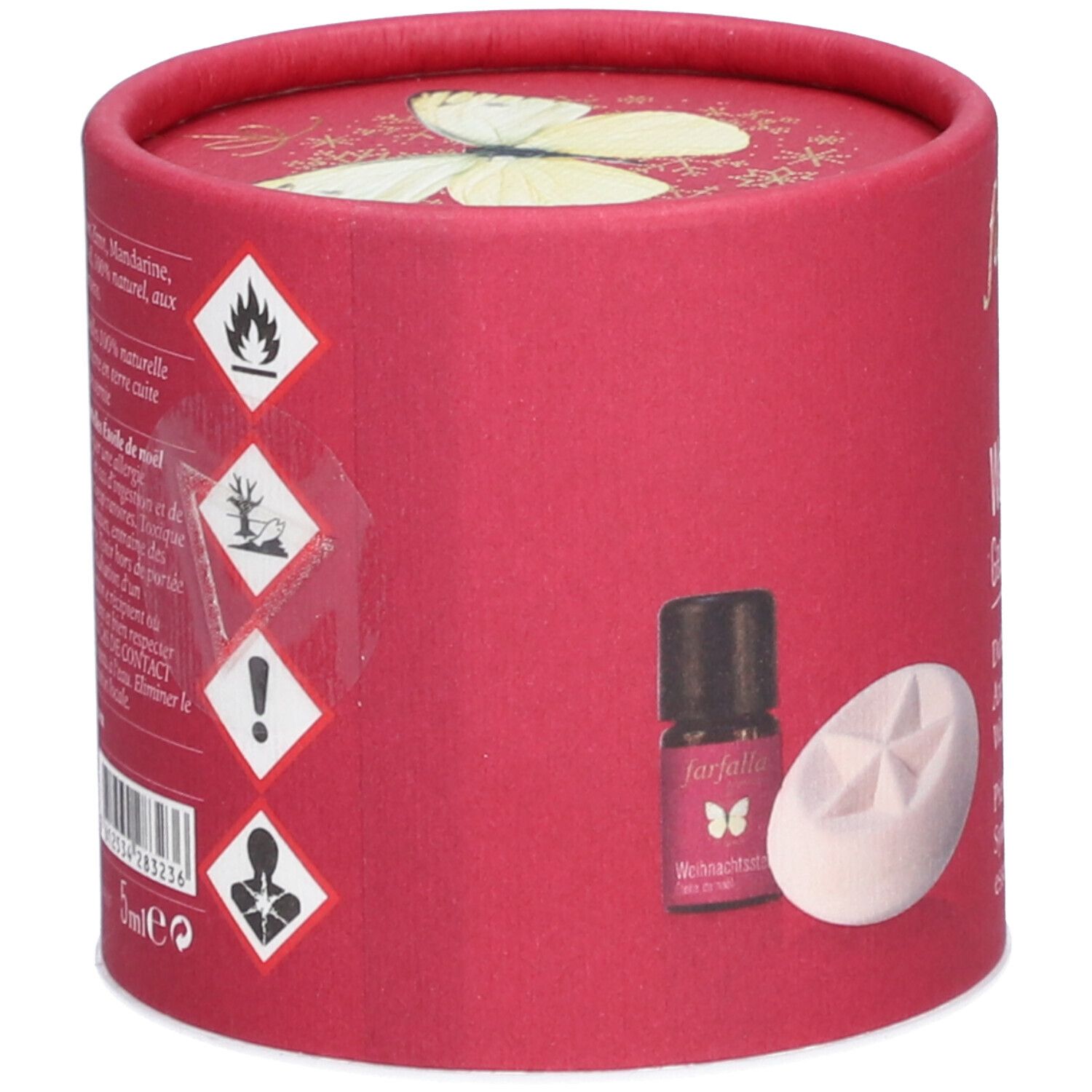 Rückseite der Geschenkbox mit Warnhinweisen und Produktabbildung. Enthält eine Flasche ätherisches Öl und einen Duftstein.