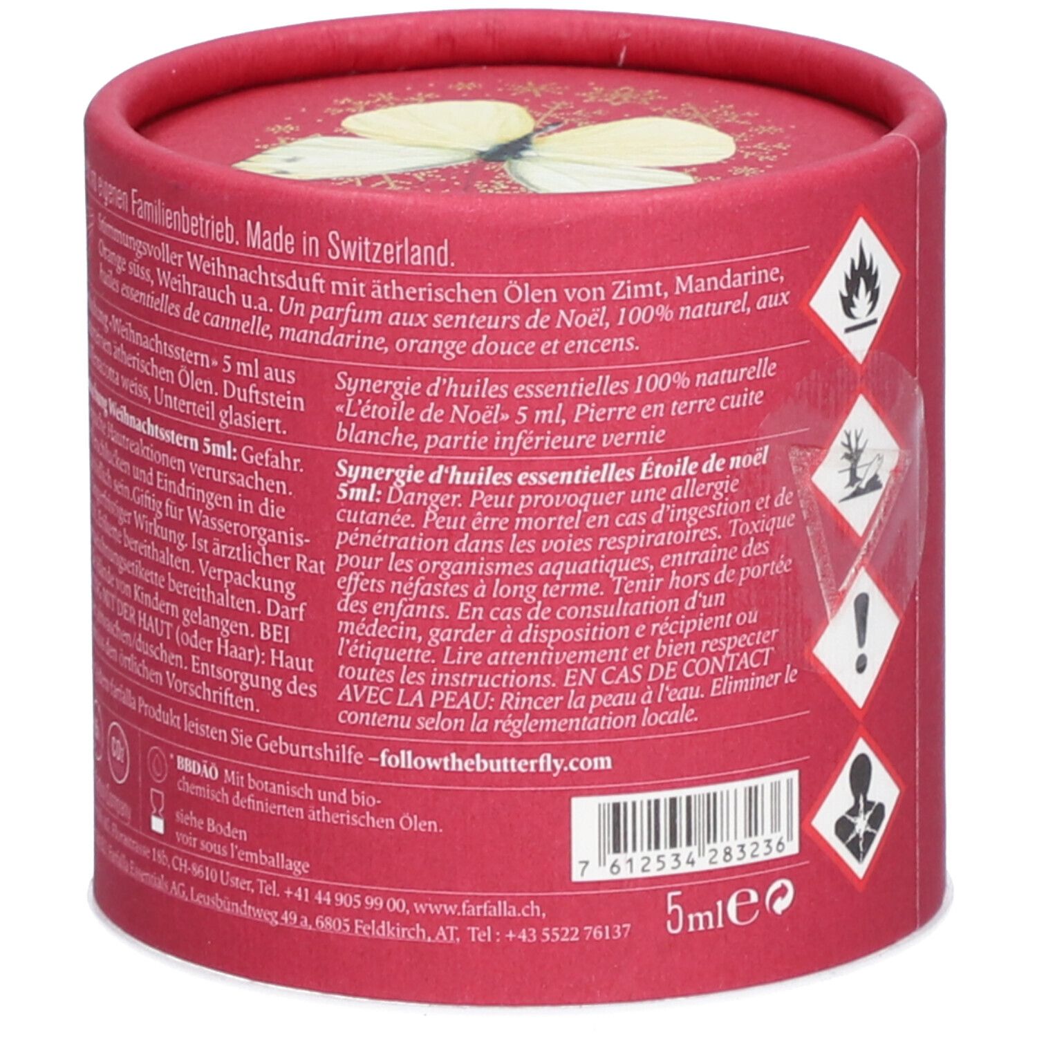 Rückseite der Geschenkbox mit Produktinformationen und Warnhinweisen. Enthält Informationen zu Inhaltsstoffen und Gebrauch.