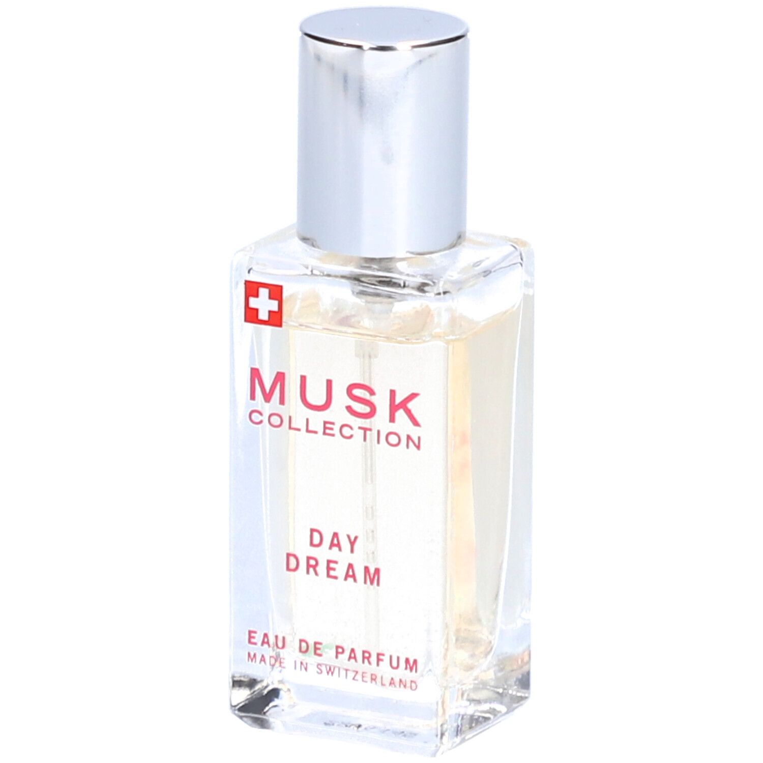 Parfümflasche mit silbernem Deckel. Aufschrift: Musk Collection Day Dream Eau de Parfum. Schweizer Kreuz.