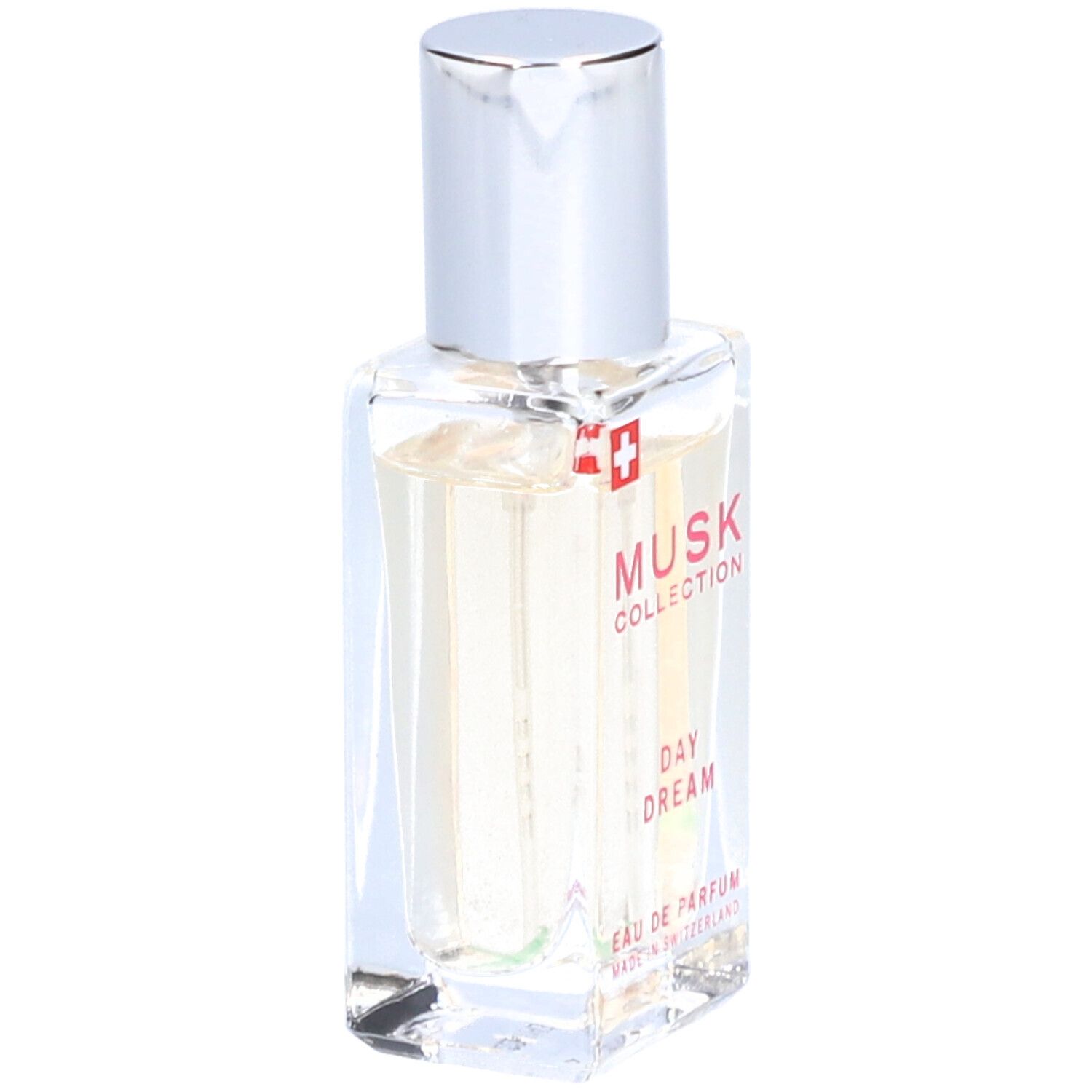 Parfümflasche mit silbernem Deckel. Aufschrift: Musk Collection Day Dream Eau de Parfum. Schweizer Kreuz.