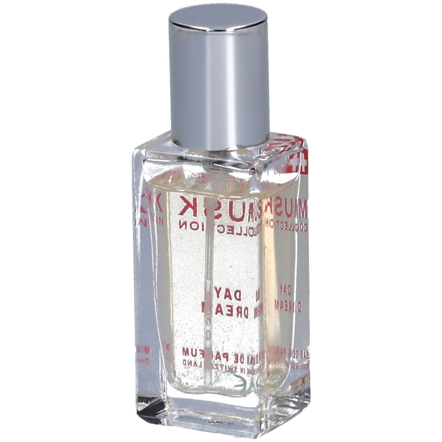 Parfümflasche mit silbernem Deckel. Aufschrift: Musk Collection Day Dream Eau de Parfum. Schweizer Kreuz.