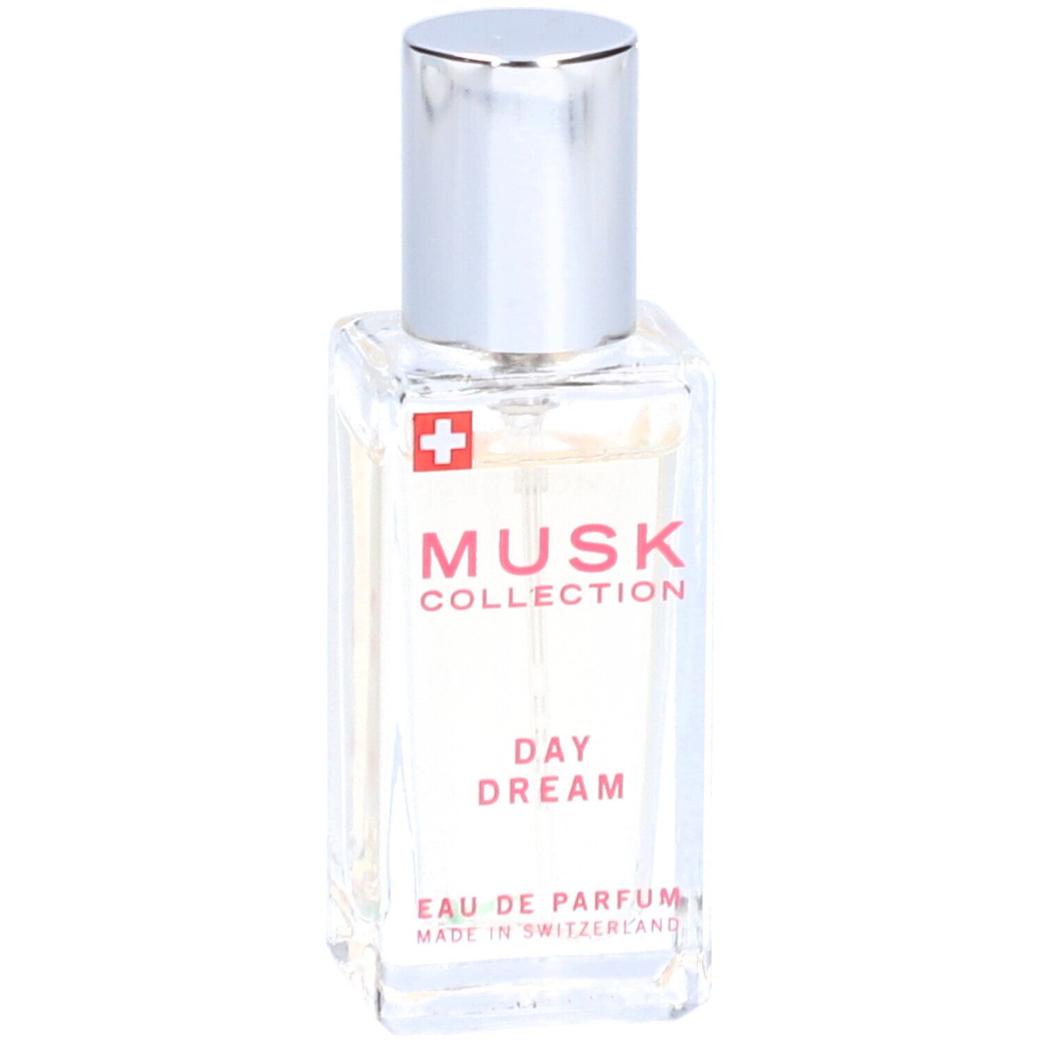 Parfümflasche mit silbernem Deckel. Aufschrift: Musk Collection Day Dream Eau de Parfum. Schweizer Kreuz.