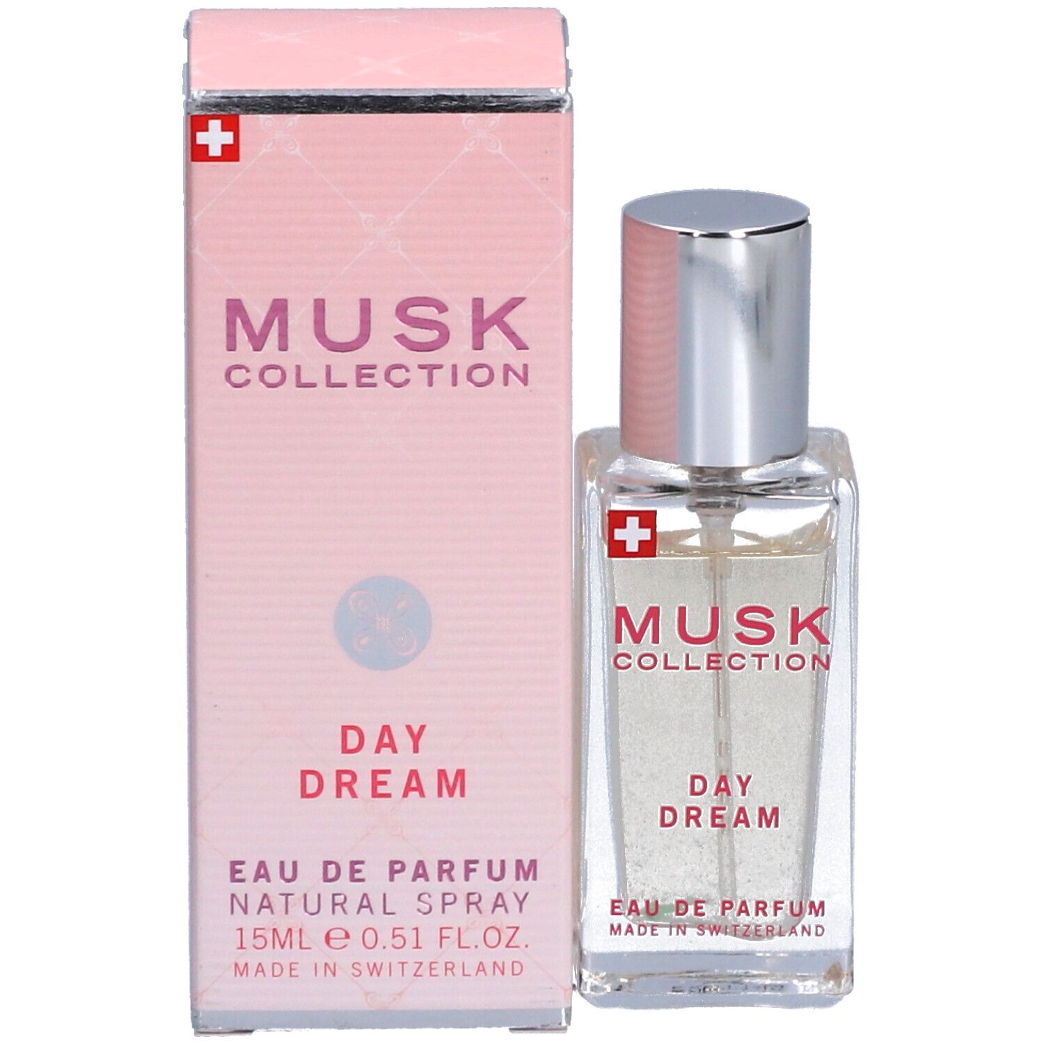 Parfümflasche und Verpackung. Aufschrift: Musk Collection Day Dream Eau de Parfum. Schweizer Kreuz. 15ml.