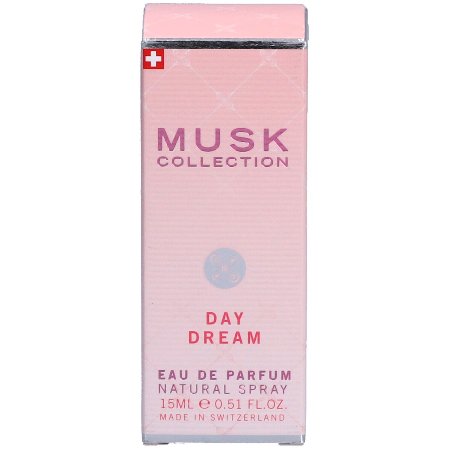 Rosa Verpackung. Aufschrift: Musk Collection Day Dream Eau de Parfum. Schweizer Kreuz. 15ml.