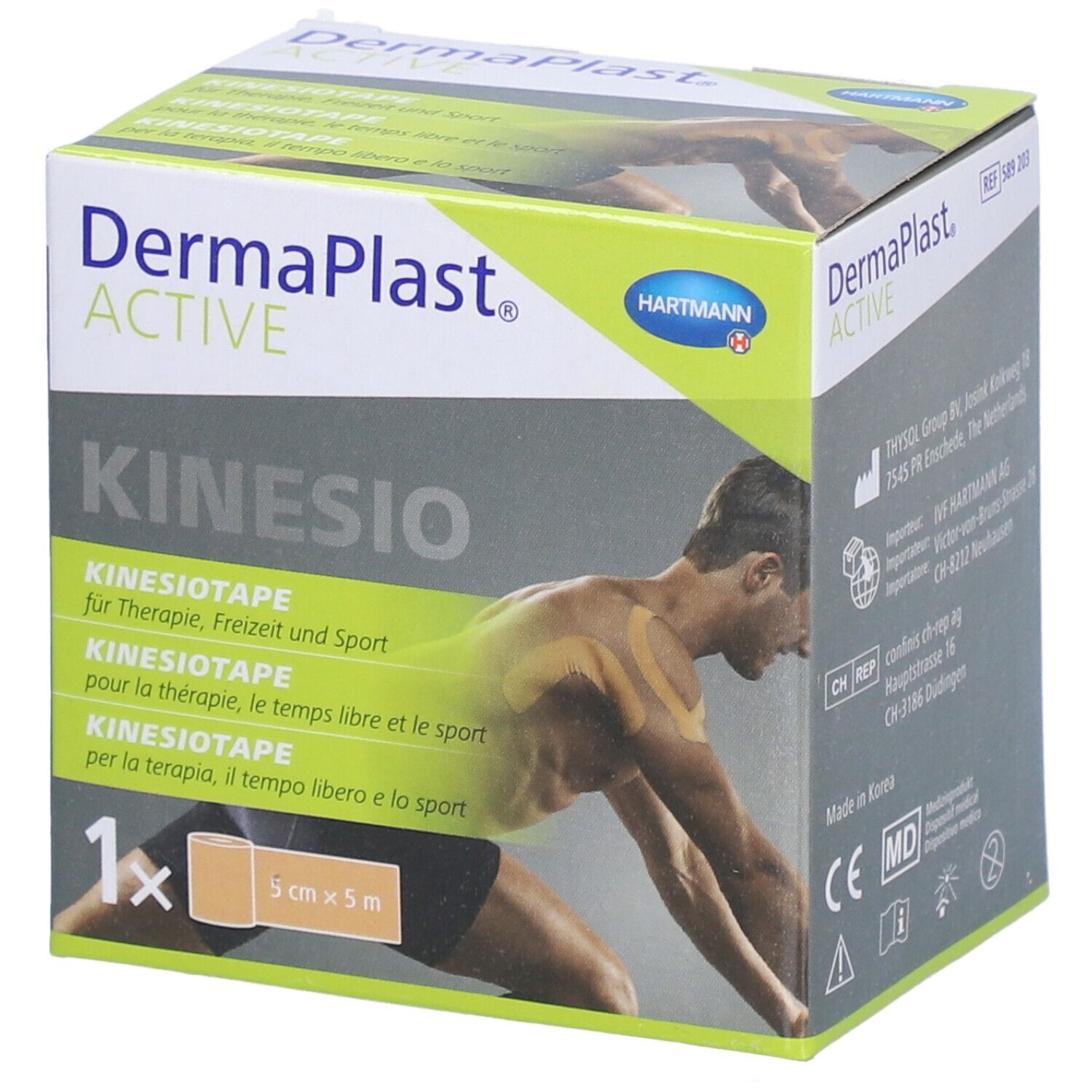 Boîte de Dermaplast® Aktiv-Kinesiotape. Inscription: Kinesio, 5cm x 5m. Illustration d'un homme avec du tape.
