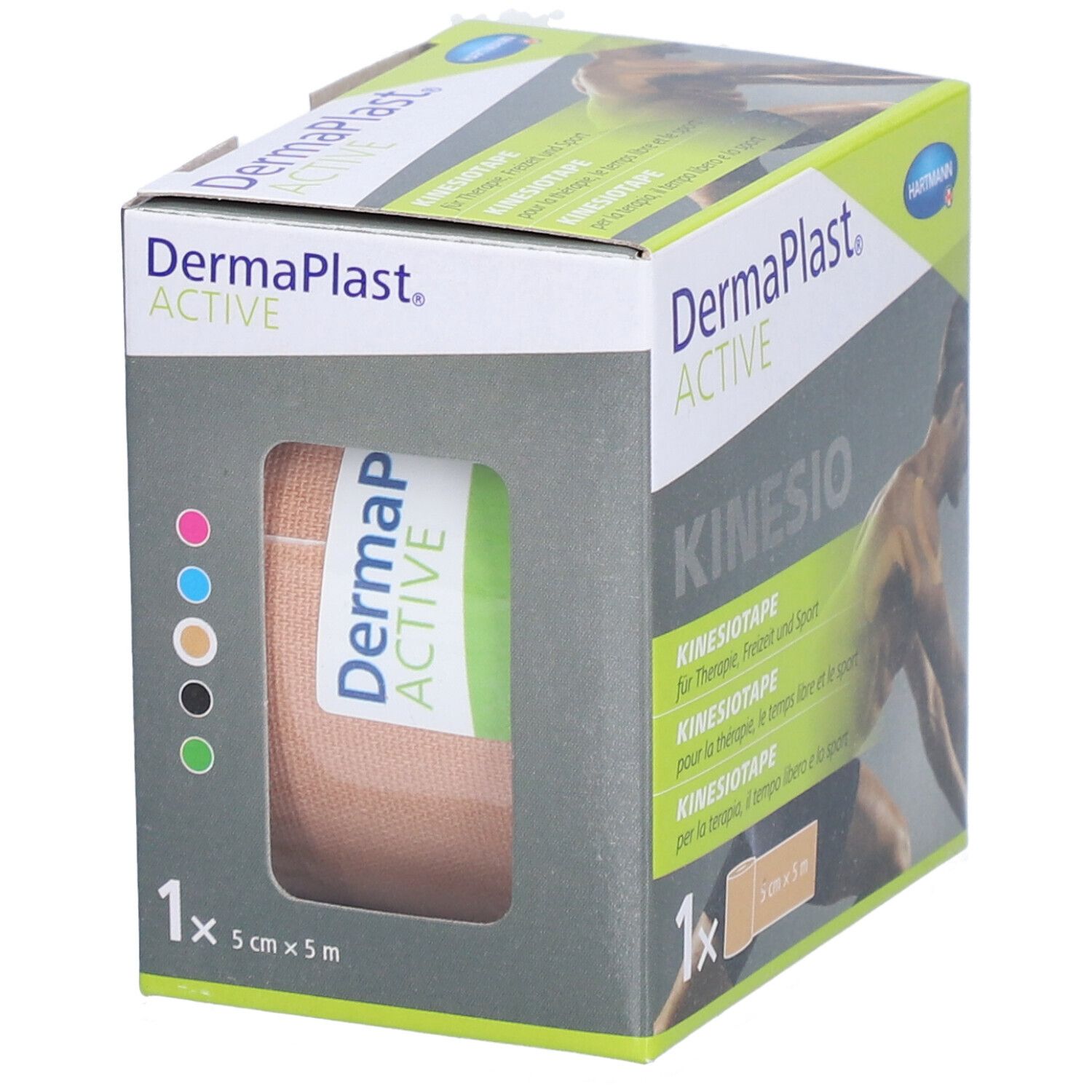 Boîte de Dermaplast® Aktiv-Kinesiotape. Fenêtre montrant un rouleau de tape. Inscription: 5cm x 5m.