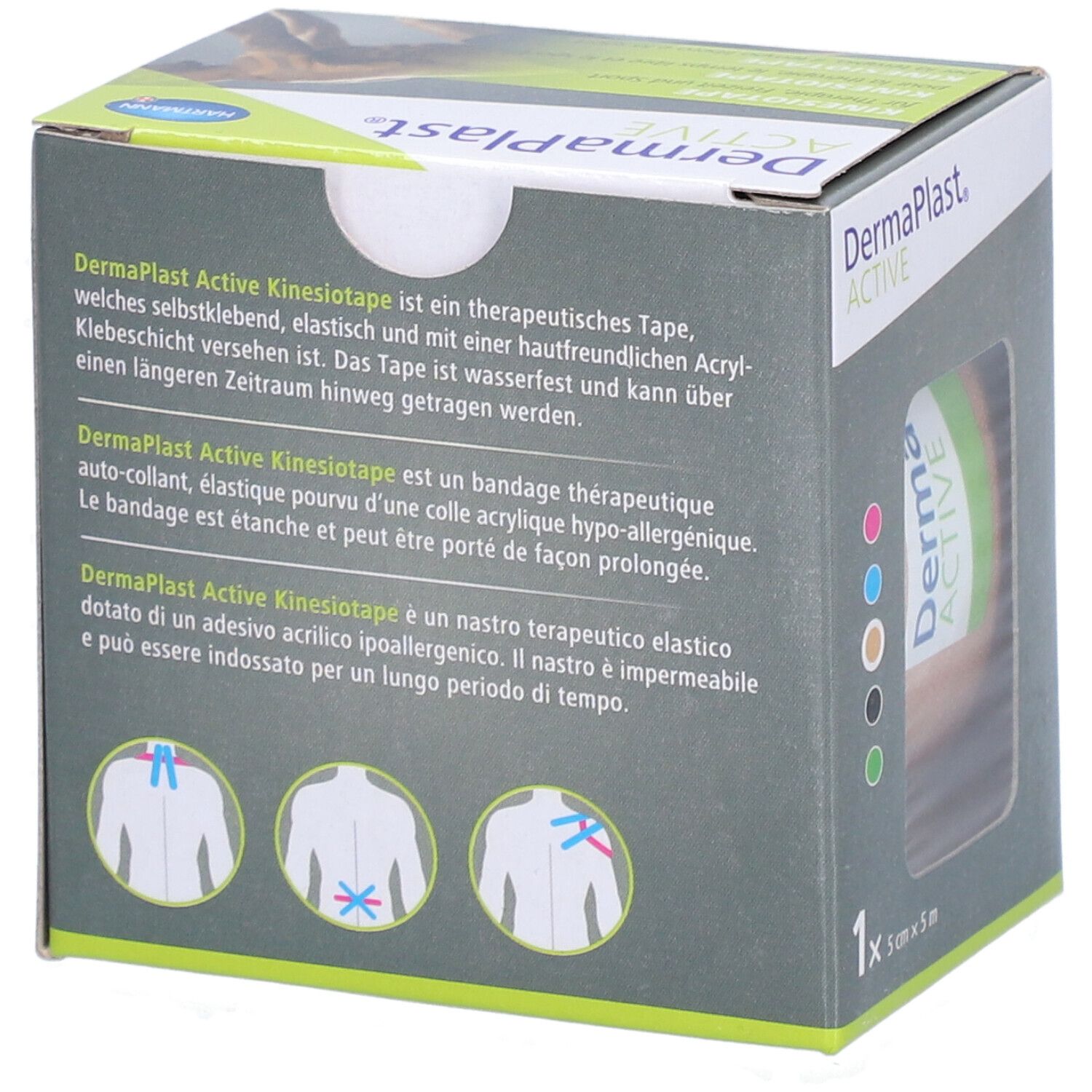 Dos de l'emballage Dermaplast® Aktiv-Kinesiotape. Texte en allemand, français et italien. Illustrations.