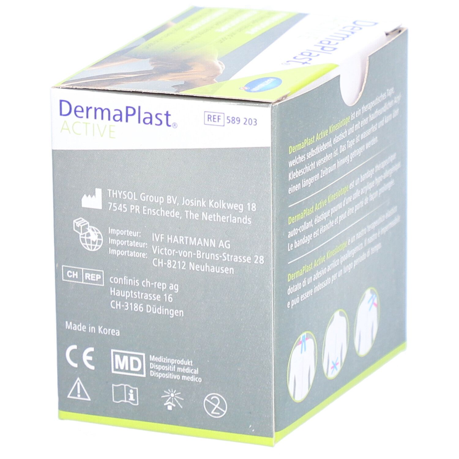 Côté de l'emballage Dermaplast® Aktiv-Kinesiotape. Informations d'adresse, marquage CE, symbole MD.