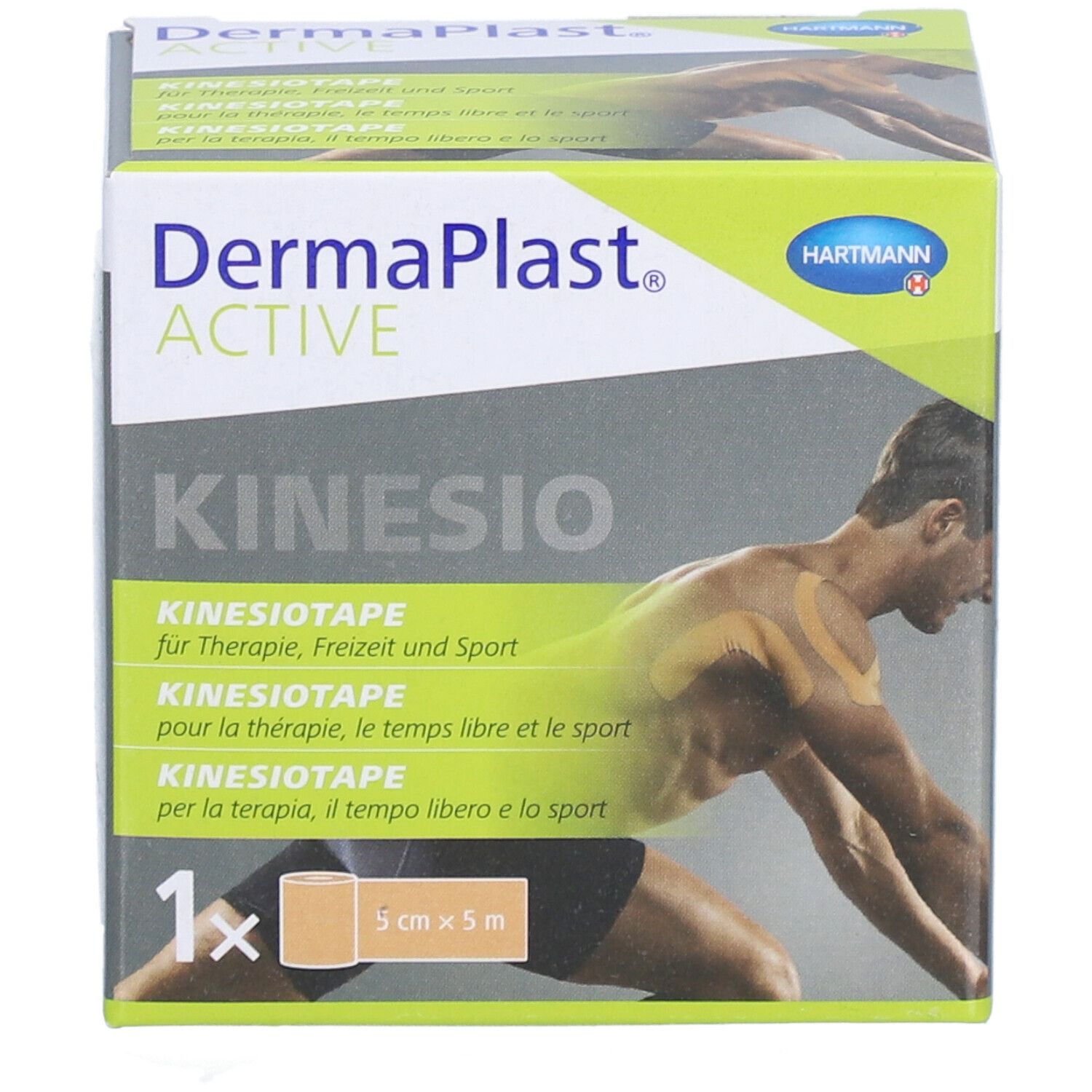 Boîte de Dermaplast® Aktiv-Kinesiotape. Inscription: Kinesio, 5cm x 5m. Illustration d'un homme avec du tape.