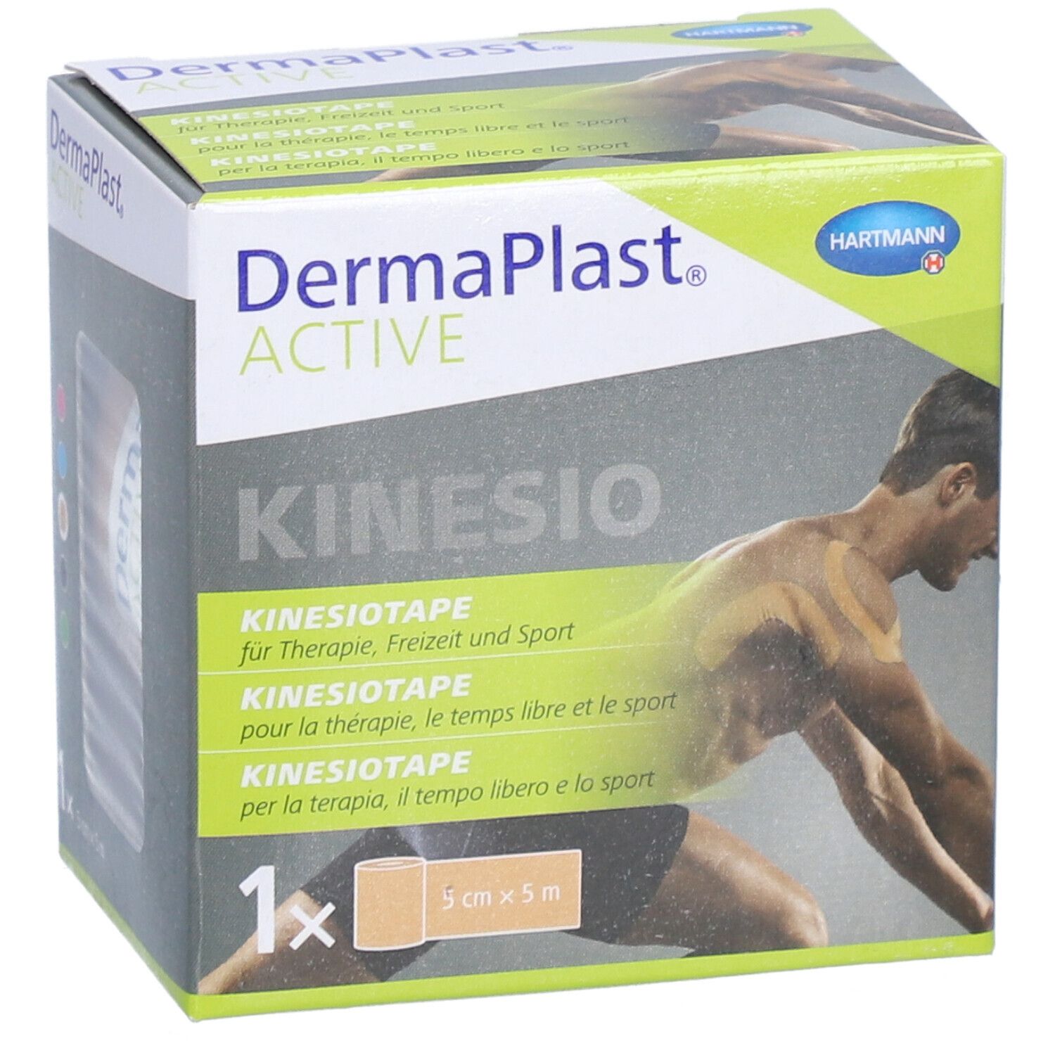 Boîte de Dermaplast® Aktiv-Kinesiotape. Inscription: Kinesio, 5cm x 5m. Illustration d'un homme avec du tape.