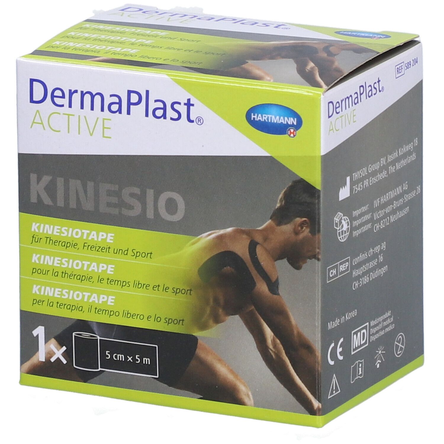 Verpackung von Dermaplast® Aktiv-Kinesiotape. Enthält eine Rolle 5 cm x 5 m. Aufdruck: Kinesio, HARTMANN.