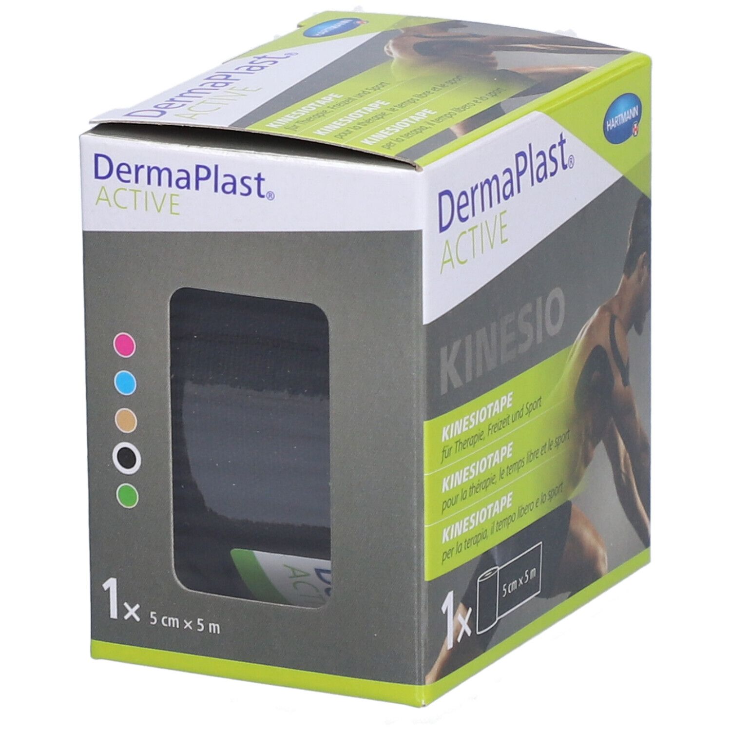 Verpackung von Dermaplast® Aktiv-Kinesiotape. Sichtfenster zeigt Rolle. Größe: 5 cm x 5 m. Farben: Pink, Beige, Braun, Schwarz, Grün.