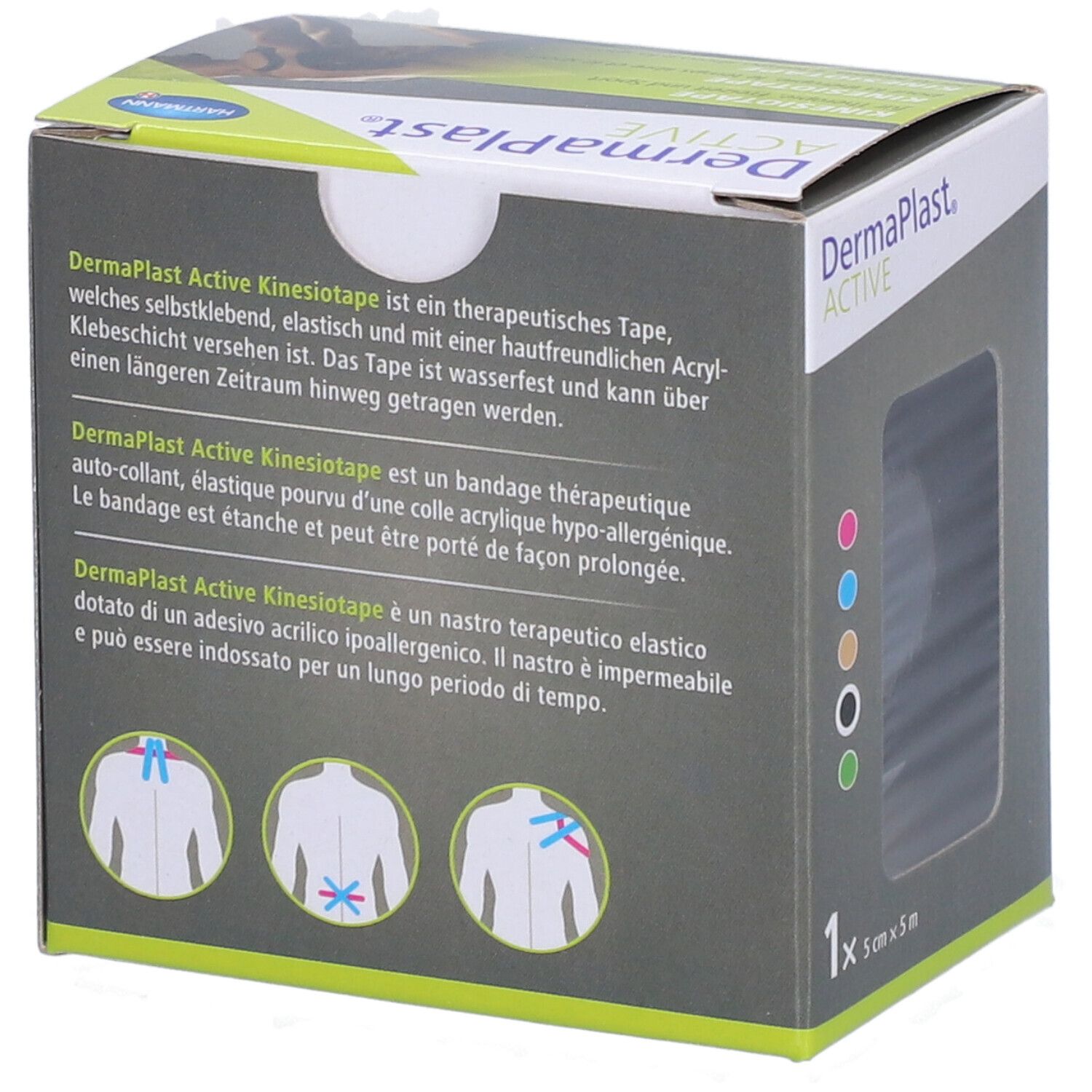 Rückseite der Dermaplast® Aktiv-Kinesiotape Verpackung. Text in Deutsch, Französisch und Italienisch. Illustrationen zur Anwendung.