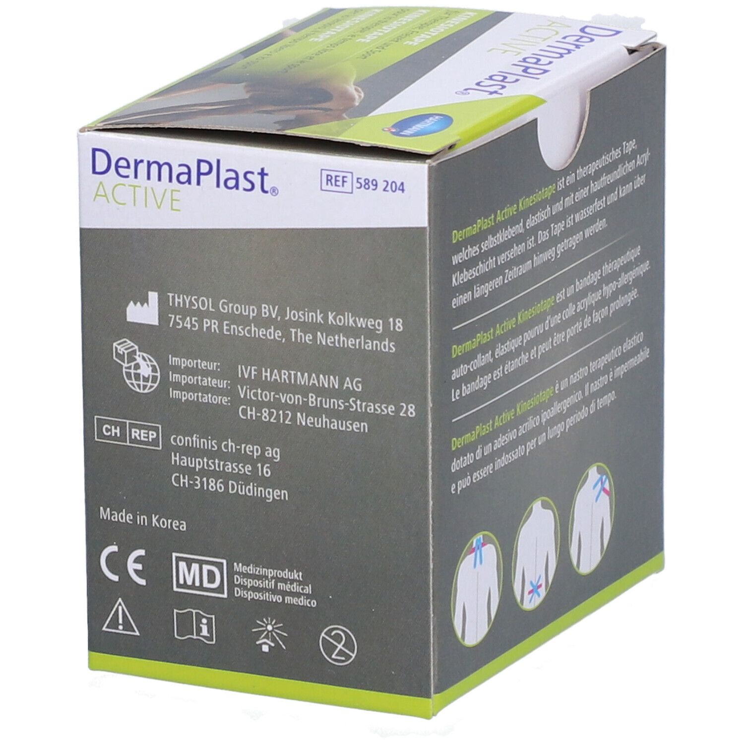 Rückseite der Dermaplast® Aktiv-Kinesiotape Verpackung. Herstellerinformationen, CE-Kennzeichnung, MD-Symbol.