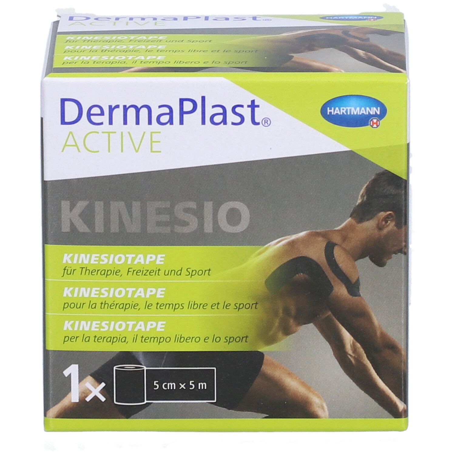 Verpackung von Dermaplast® Aktiv-Kinesiotape. Enthält eine Rolle 5 cm x 5 m. Aufdruck: Kinesio, HARTMANN.