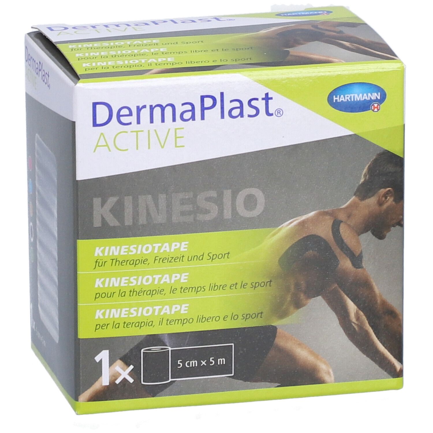 Verpackung von Dermaplast® Aktiv-Kinesiotape. Enthält eine Rolle 5 cm x 5 m. Aufdruck: Kinesio, HARTMANN.