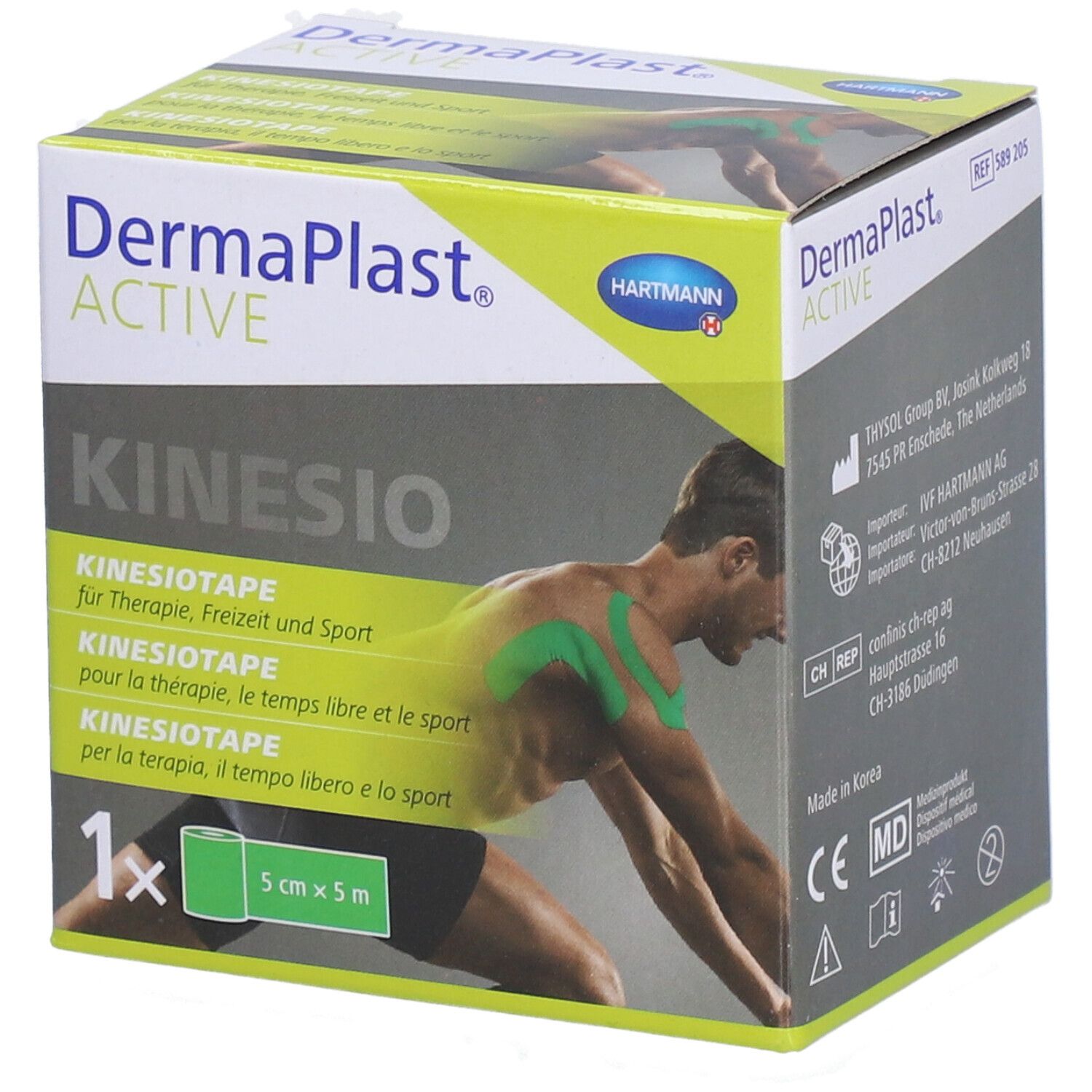 Boîte de Dermaplast® Aktiv-Kinesiotape vert. Ruban de 5cm x 5m. Image d'un homme avec du ruban. Texte multilingue.