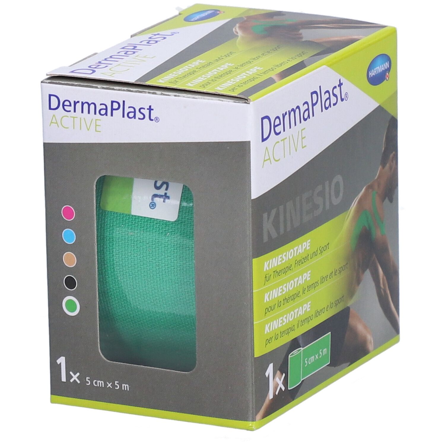 Boîte de Dermaplast® Aktiv-Kinesiotape vert. Ruban visible à travers une fenêtre. 5cm x 5m. Points de couleur.