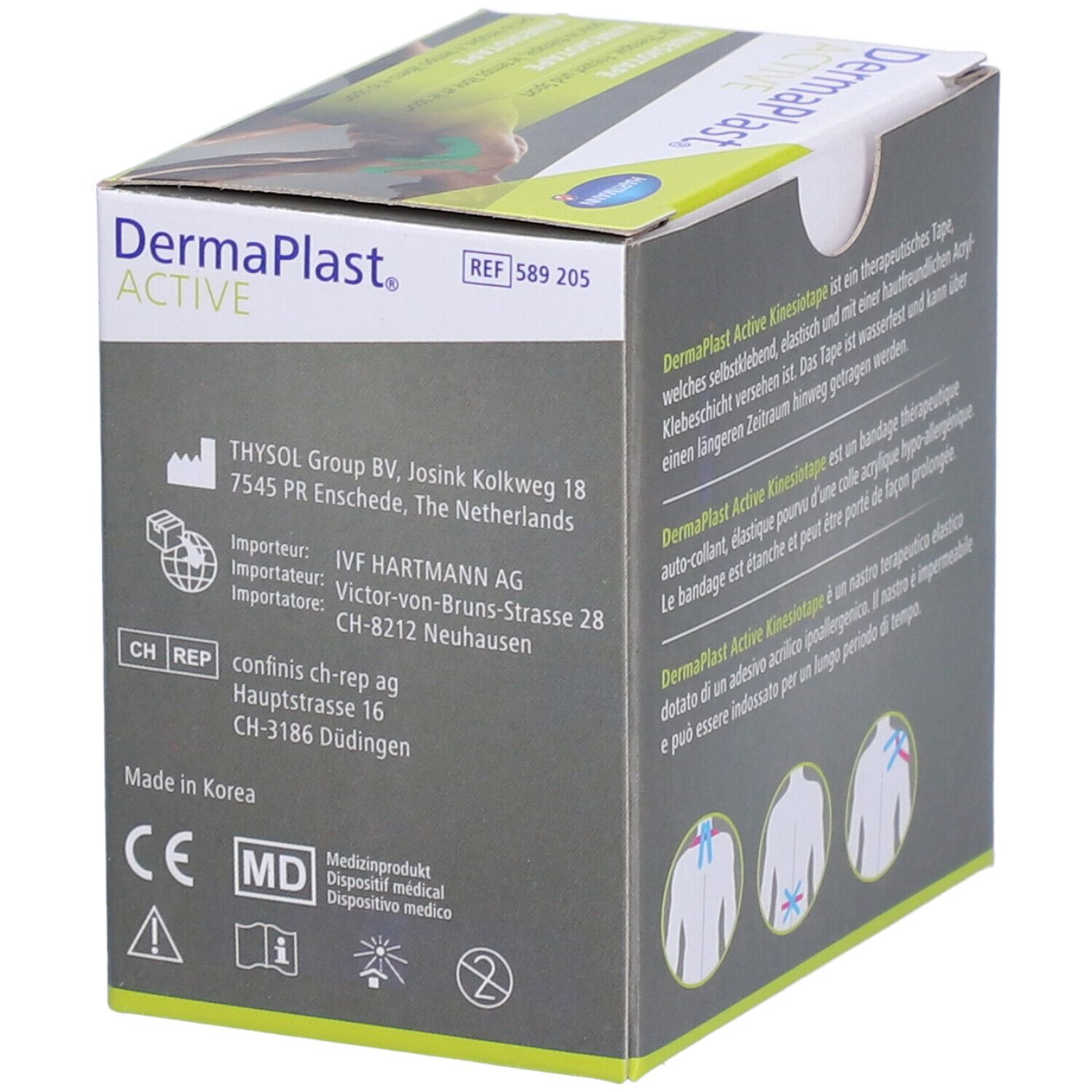 Boîte de Dermaplast® Aktiv-Kinesiotape. Texte en allemand, français et italien. Informations fabricant.