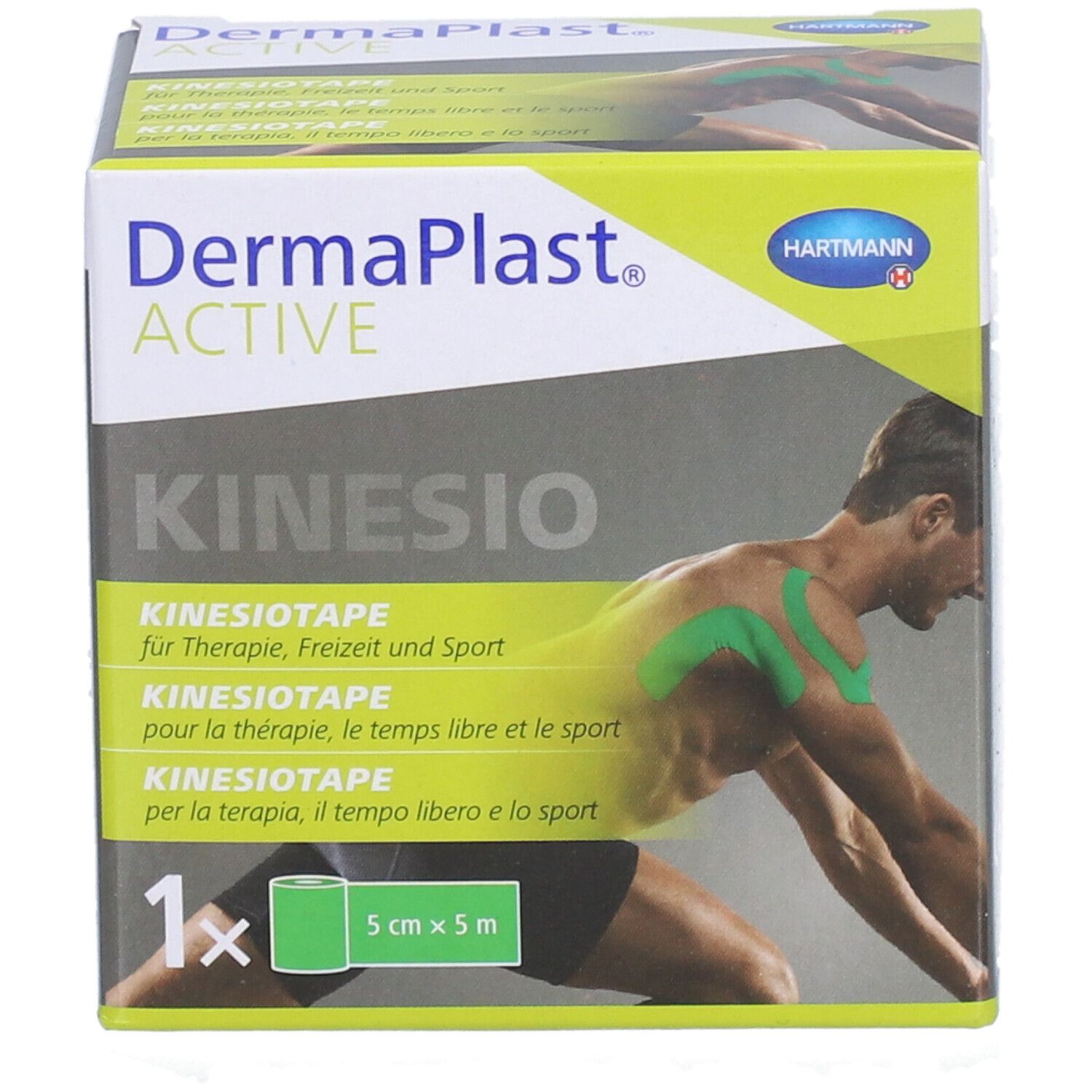 Boîte de Dermaplast® Aktiv-Kinesiotape. Ruban vert, 5cm x 5m. Image d'un homme avec du ruban.