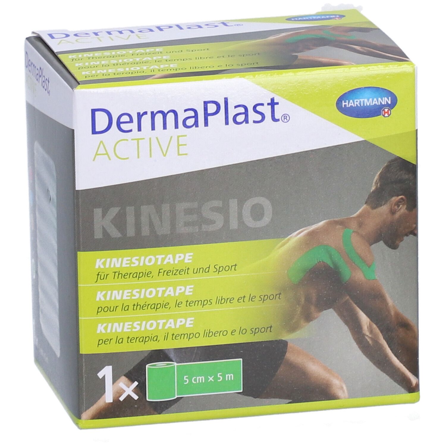 Boîte de Dermaplast® Aktiv-Kinesiotape. Ruban vert, 5cm x 5m. Image d'un homme avec du ruban.