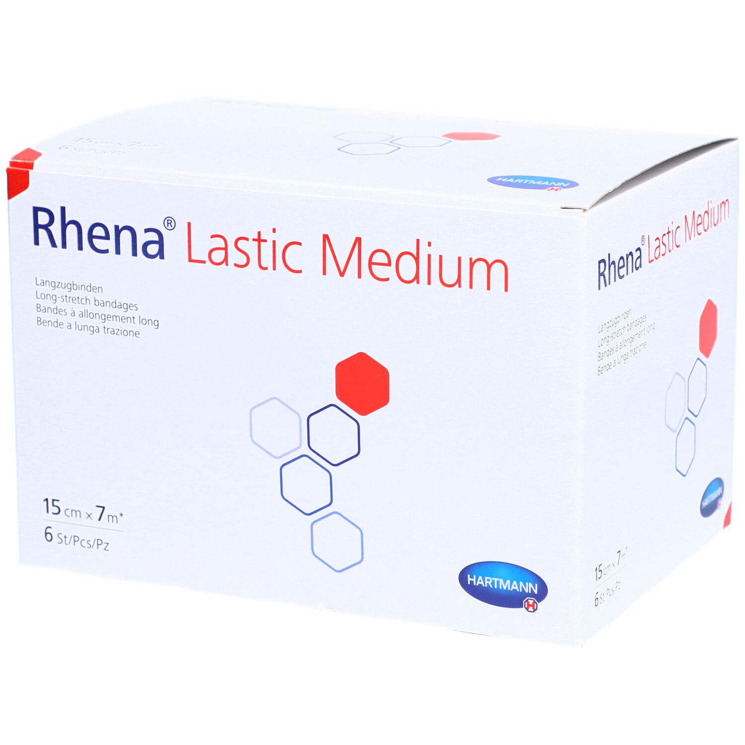Verpackung von Rhena Lastic Medium Langzugbinden. Größe: 15 cm x 7 m, 6 Stück. Weiß mit roter und blauer Grafik. Hartmann Logo.