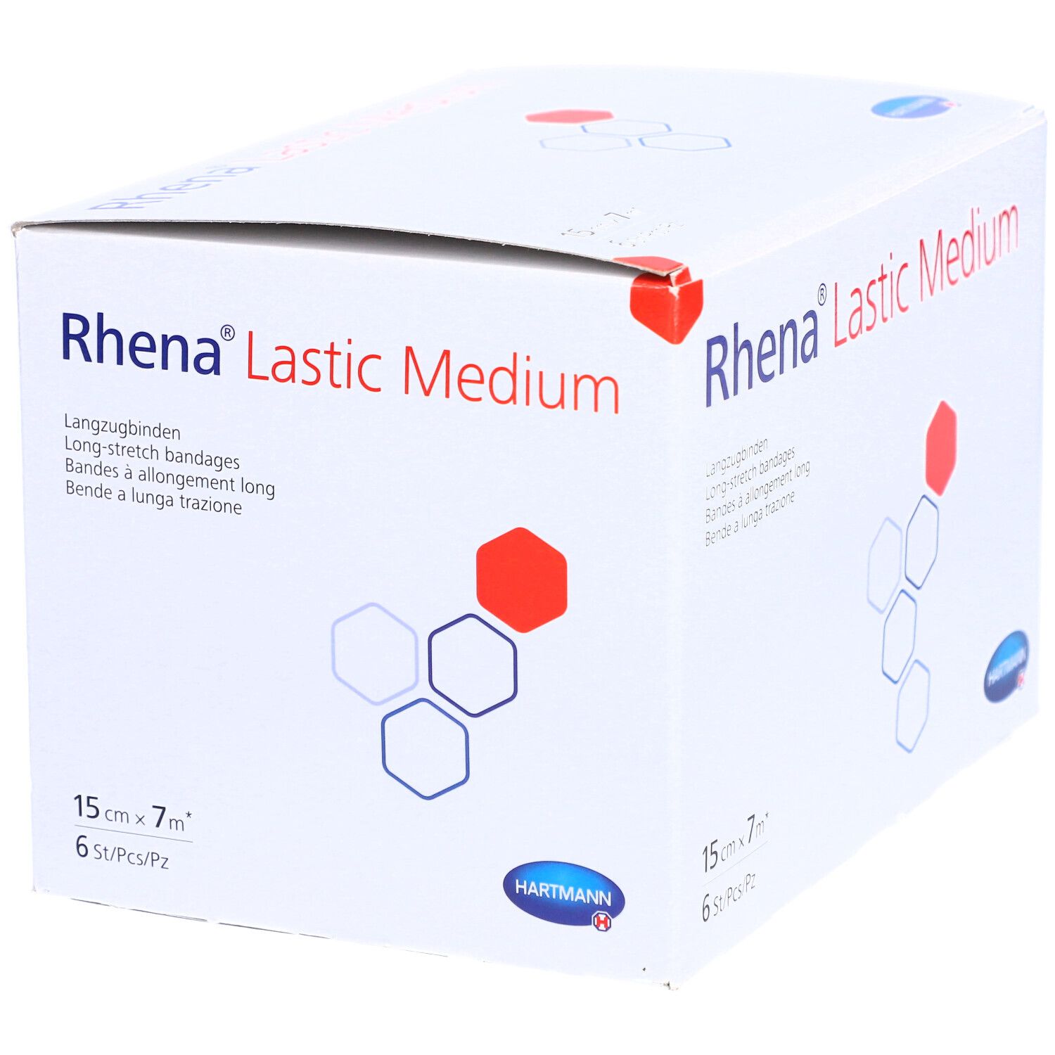 Verpackung von Rhena Lastic Medium Langzugbinden. Größe: 15 cm x 7 m, 6 Stück. Weiß mit roter und blauer Grafik. Hartmann Logo.