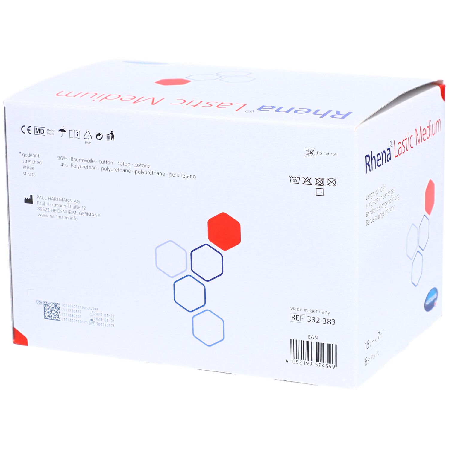 Rückseite der Verpackung von Rhena Lastic Medium Langzugbinden. Enthält Informationen zu Inhaltsstoffen, Hersteller und Zertifizierungen.