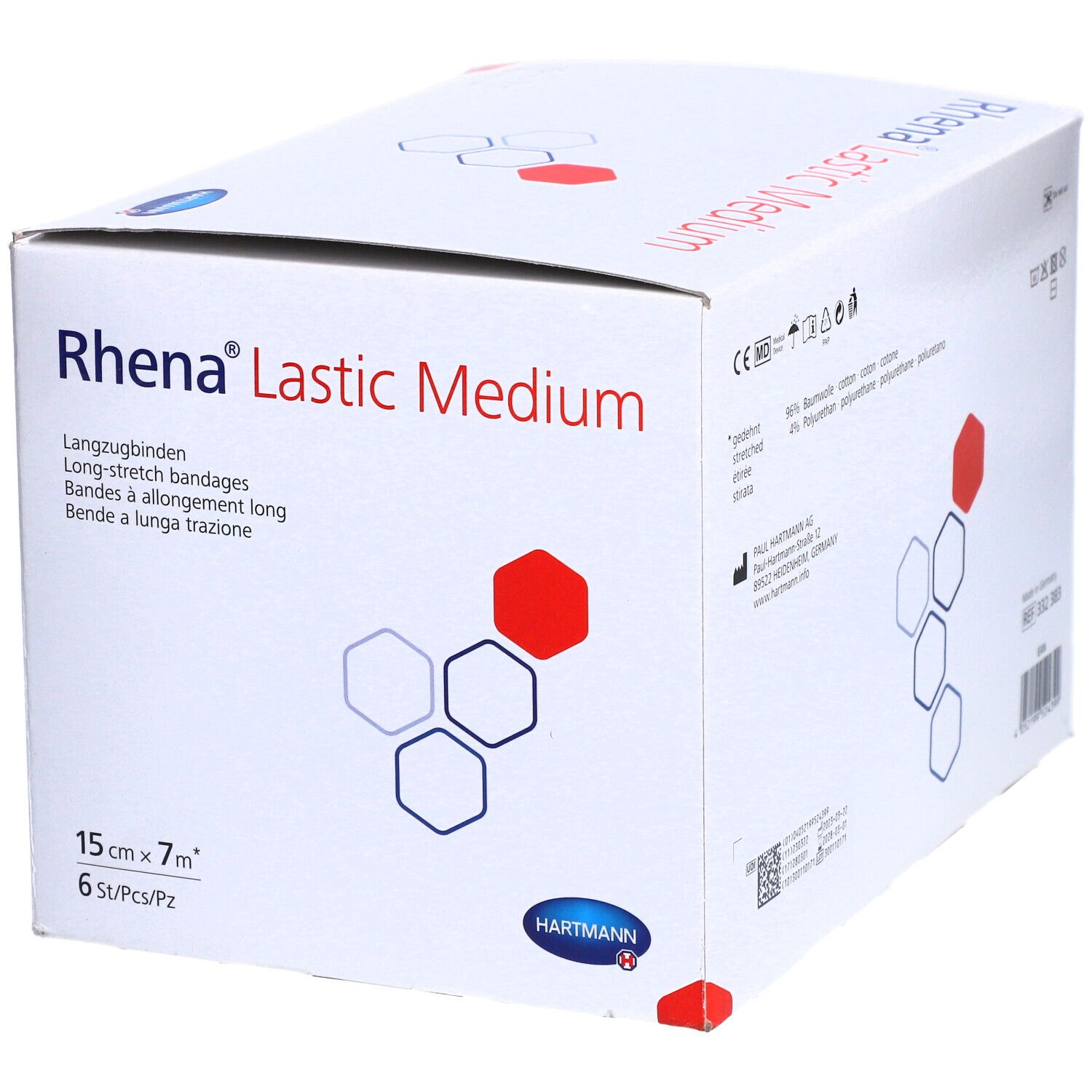 Verpackung von Rhena Lastic Medium Langzugbinden. Größe: 15 cm x 7 m, 6 Stück. Weiß mit roter und blauer Grafik. Hartmann Logo.