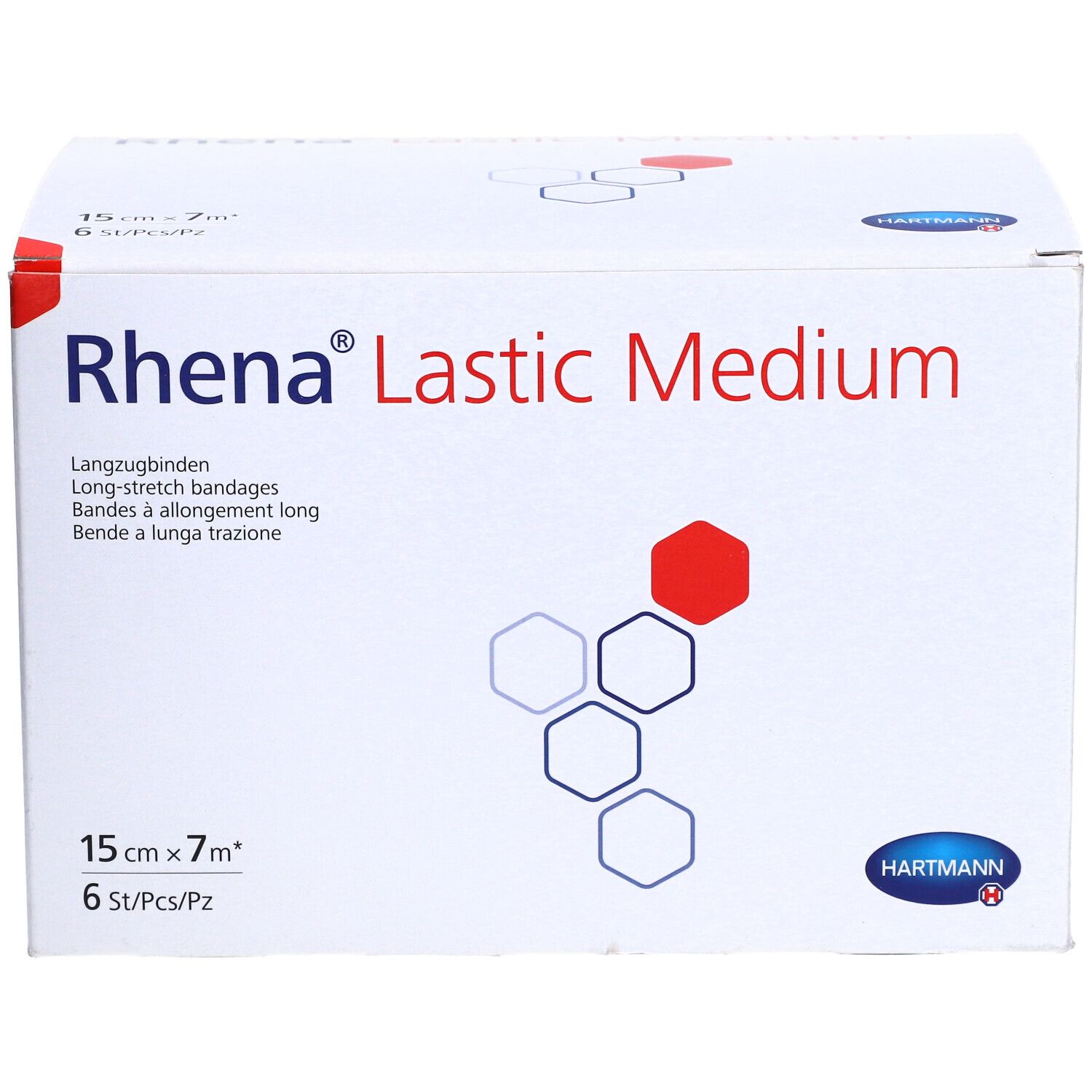 Verpackung von Rhena Lastic Medium Langzugbinden. Größe: 15 cm x 7 m, 6 Stück. Weiß mit roter und blauer Grafik. Hartmann Logo.