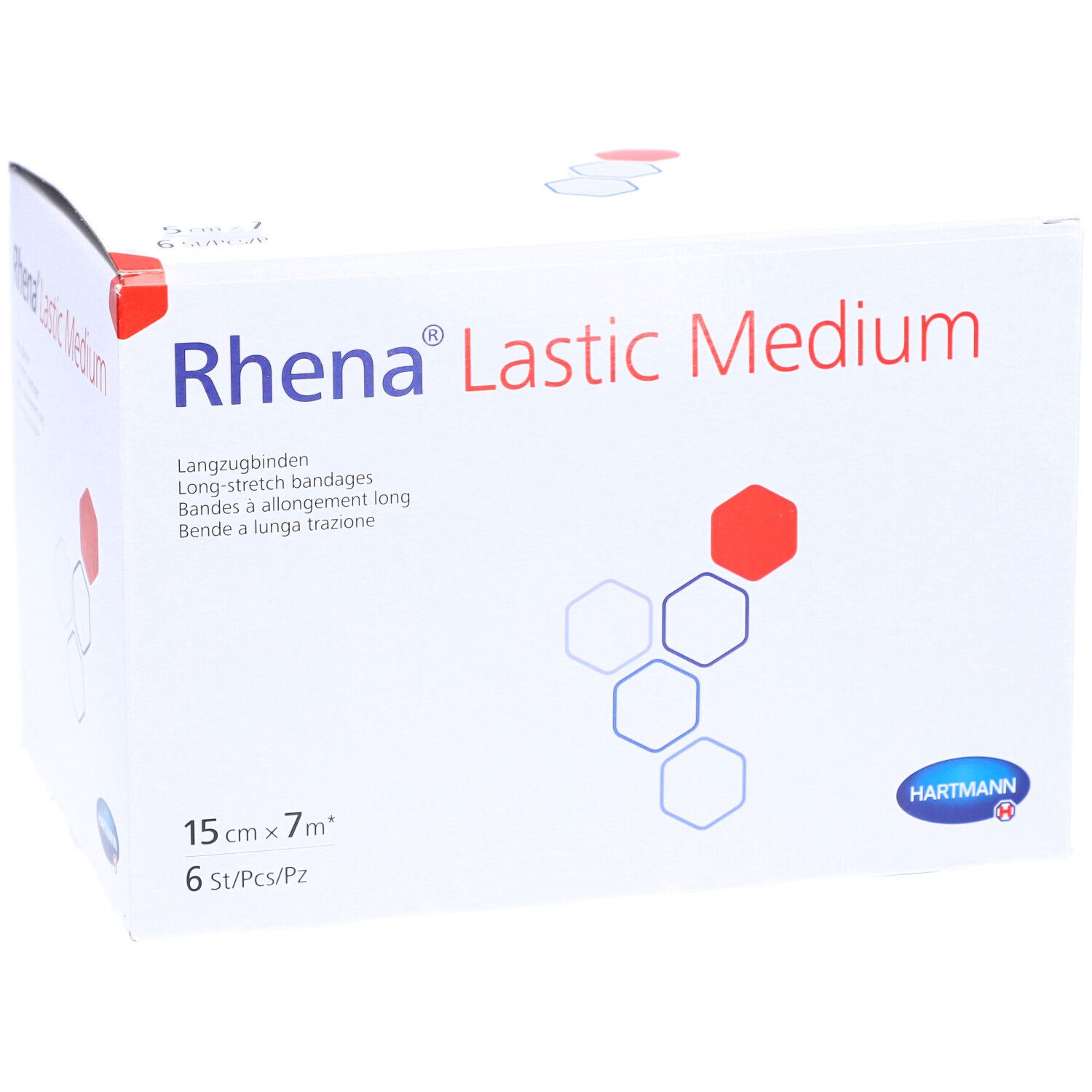 Verpackung von Rhena Lastic Medium Langzugbinden. Größe: 15 cm x 7 m, 6 Stück. Weiß mit roter und blauer Grafik. Hartmann Logo.