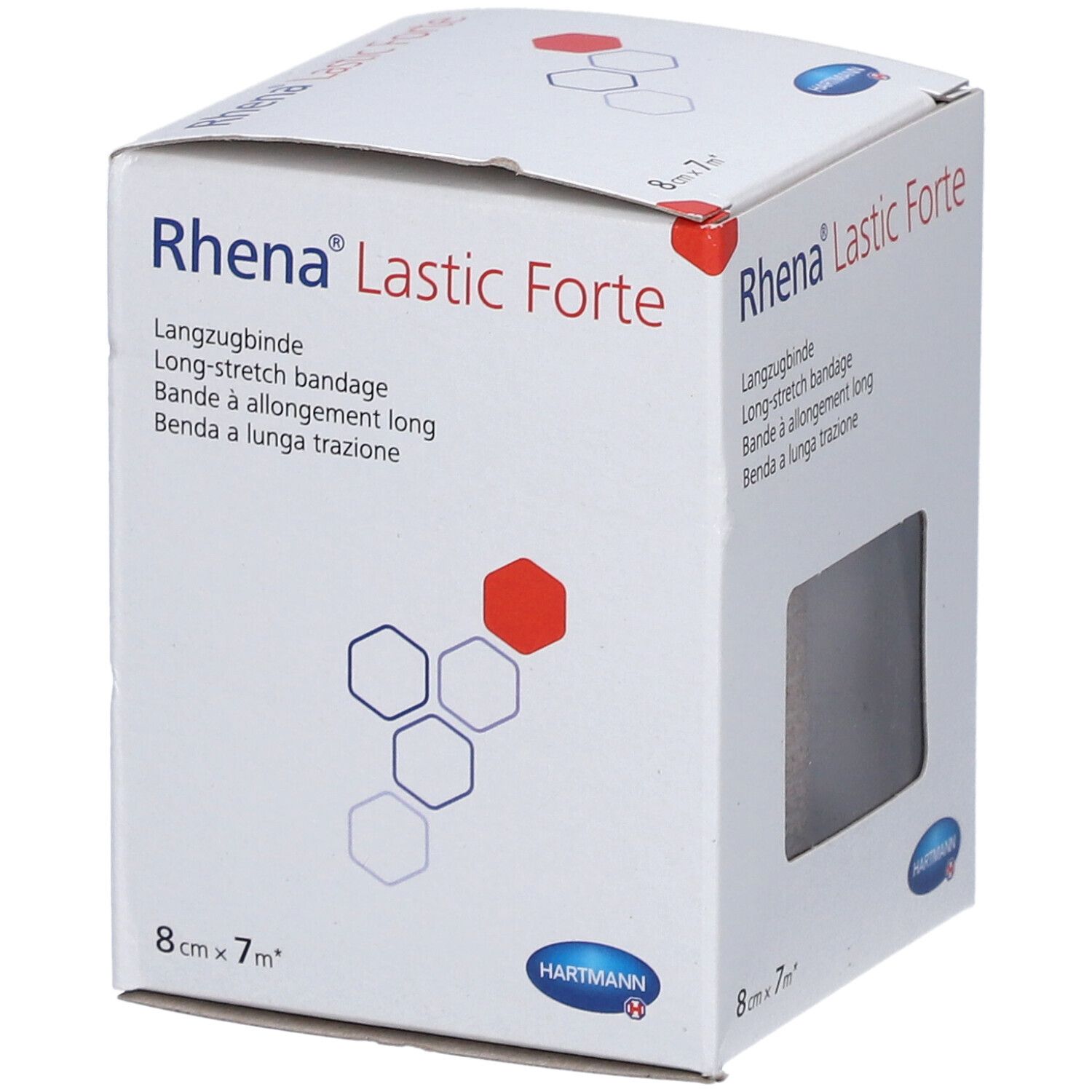 Emballage de Rhena Lastic Forte. Bande de 8 cm x 7 m. Produit visible. Marque: HARTMANN. Dispositif médical.