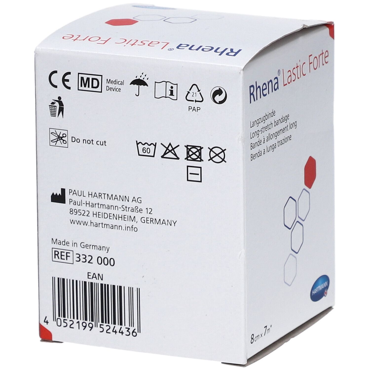 Dos de l'emballage Rhena Lastic Forte. Informations fabricant, numéro de lot, code EAN et certifications.