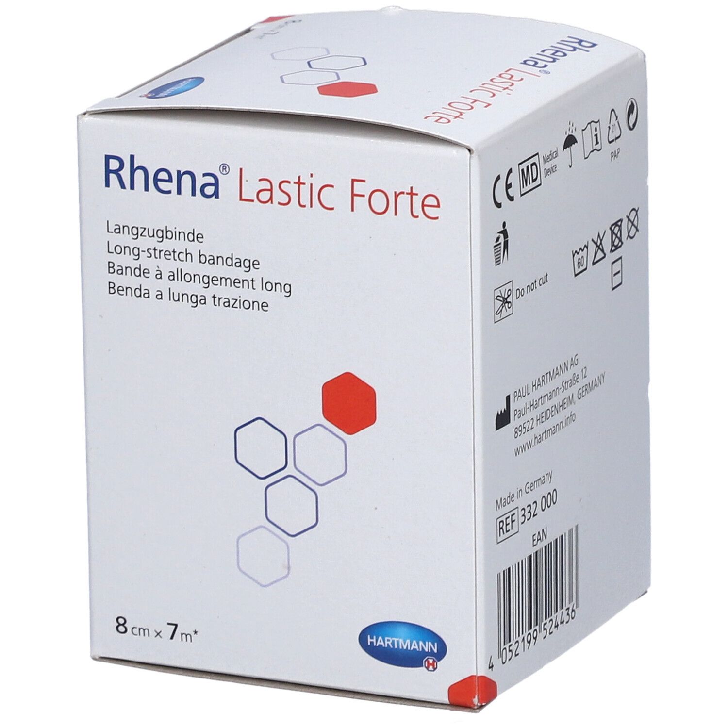 Emballage de Rhena Lastic Forte. Bande de 8 cm x 7 m. Produit visible. Marque: HARTMANN. Dispositif médical.