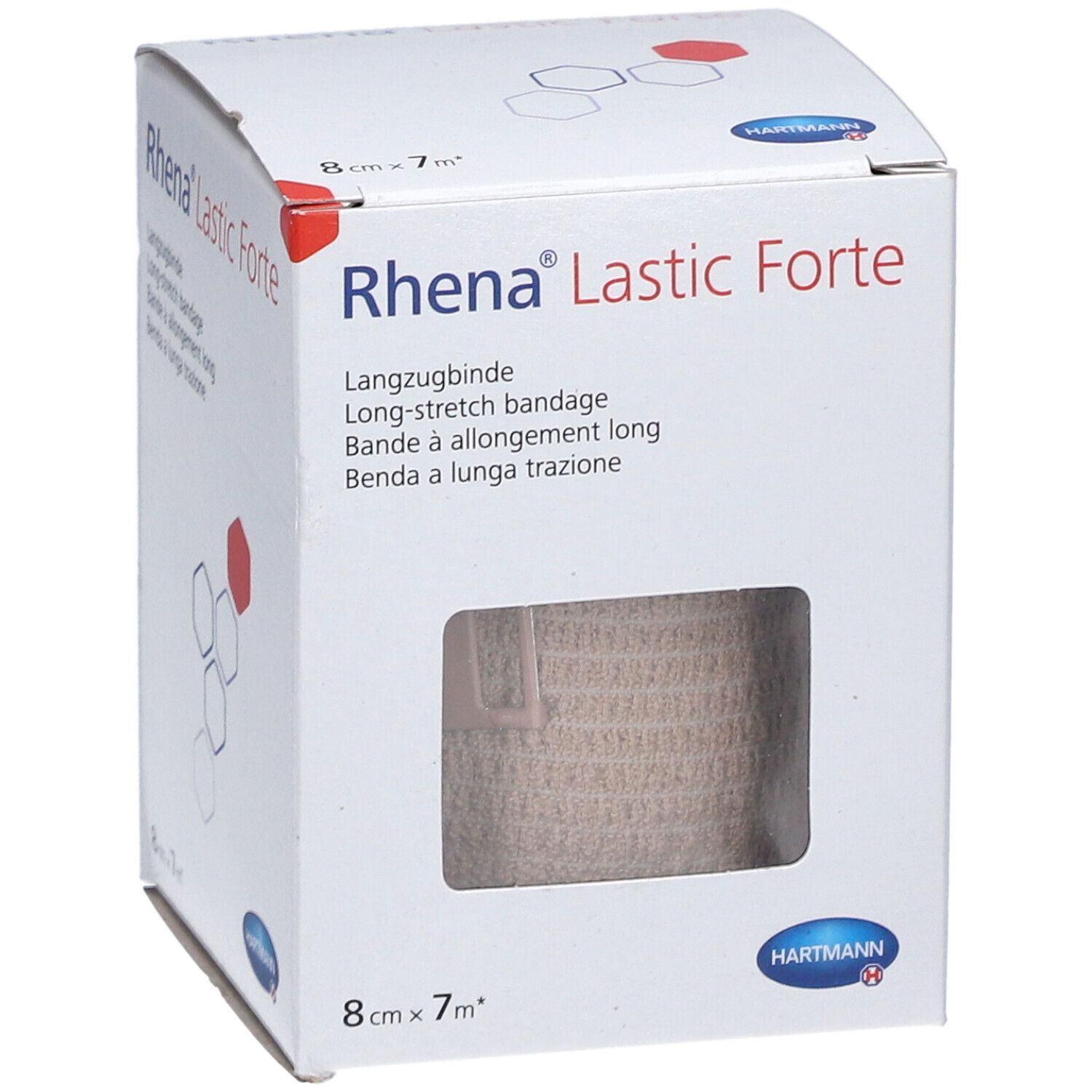 Emballage de Rhena Lastic Forte. Bande de contention de 8 cm x 7 m. Produit visible à travers une fenêtre. Marque: HARTMANN.