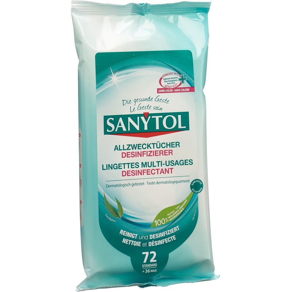 Paquet de lingettes SANYTOL multi-usages désinfectantes. Inscription : 72 lingettes. Testé dermatologiquement. Logo : 100% Nettoie et désinfecte.