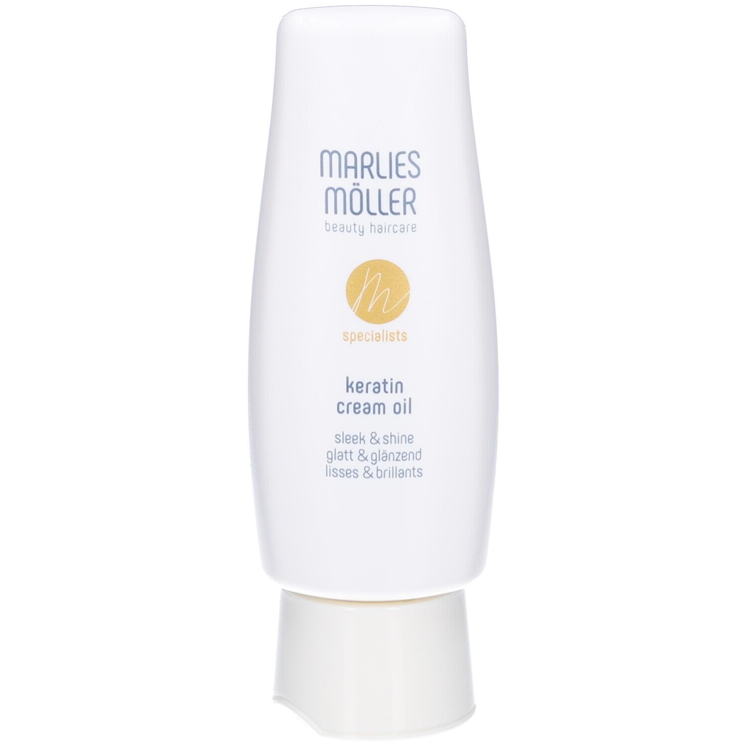 Weiße Flasche mit Marlies Möller Logo und Schriftzug. Produkt: Keratin Cream Oil. Text: sleek & shine, glatt & glänzend, lisses & brillants.