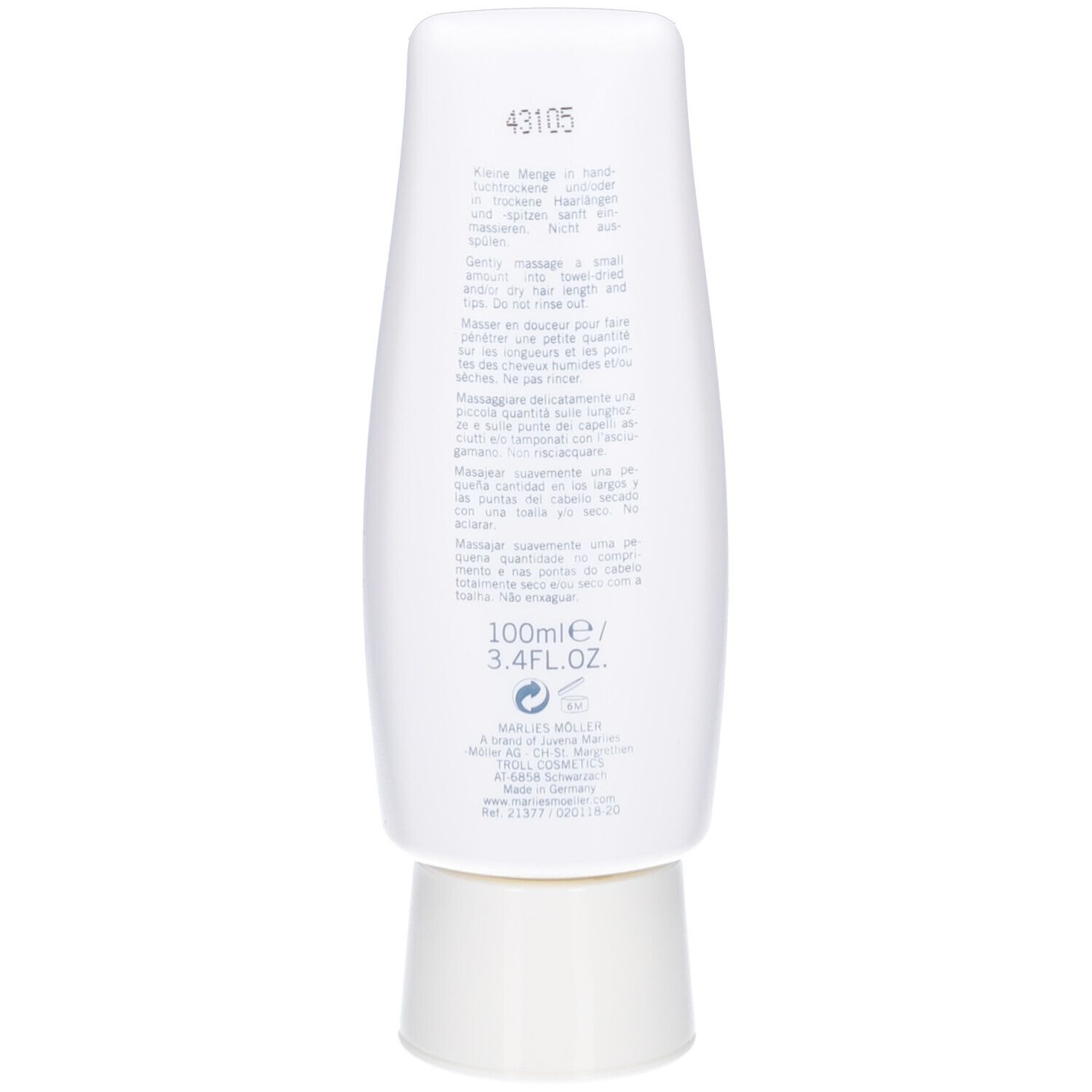 Rückseite einer weißen Flasche. Text: 100ml/3.4FL.OZ. und weitere Produktinformationen. Marke: Marlies Möller.