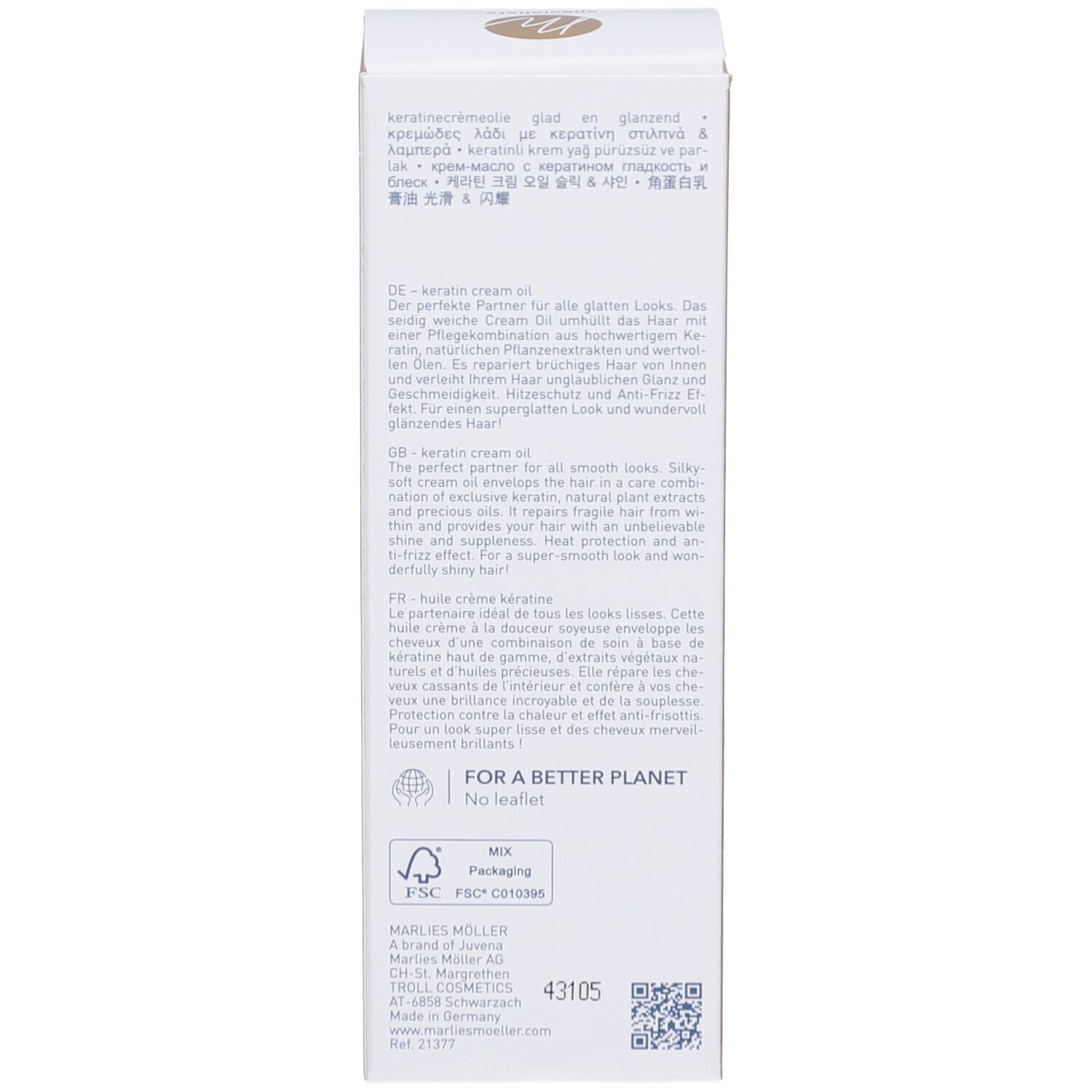 Seite der Produktverpackung. Text in mehreren Sprachen. Marke: Marlies Möller. FSC-Zertifizierung.