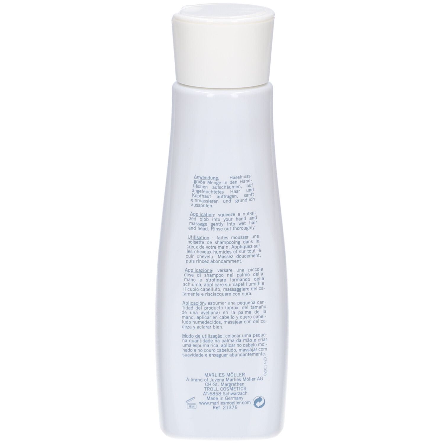Rückseite der Marlies Möller Keratin Shampoo-Flasche. Text in mehreren Sprachen.