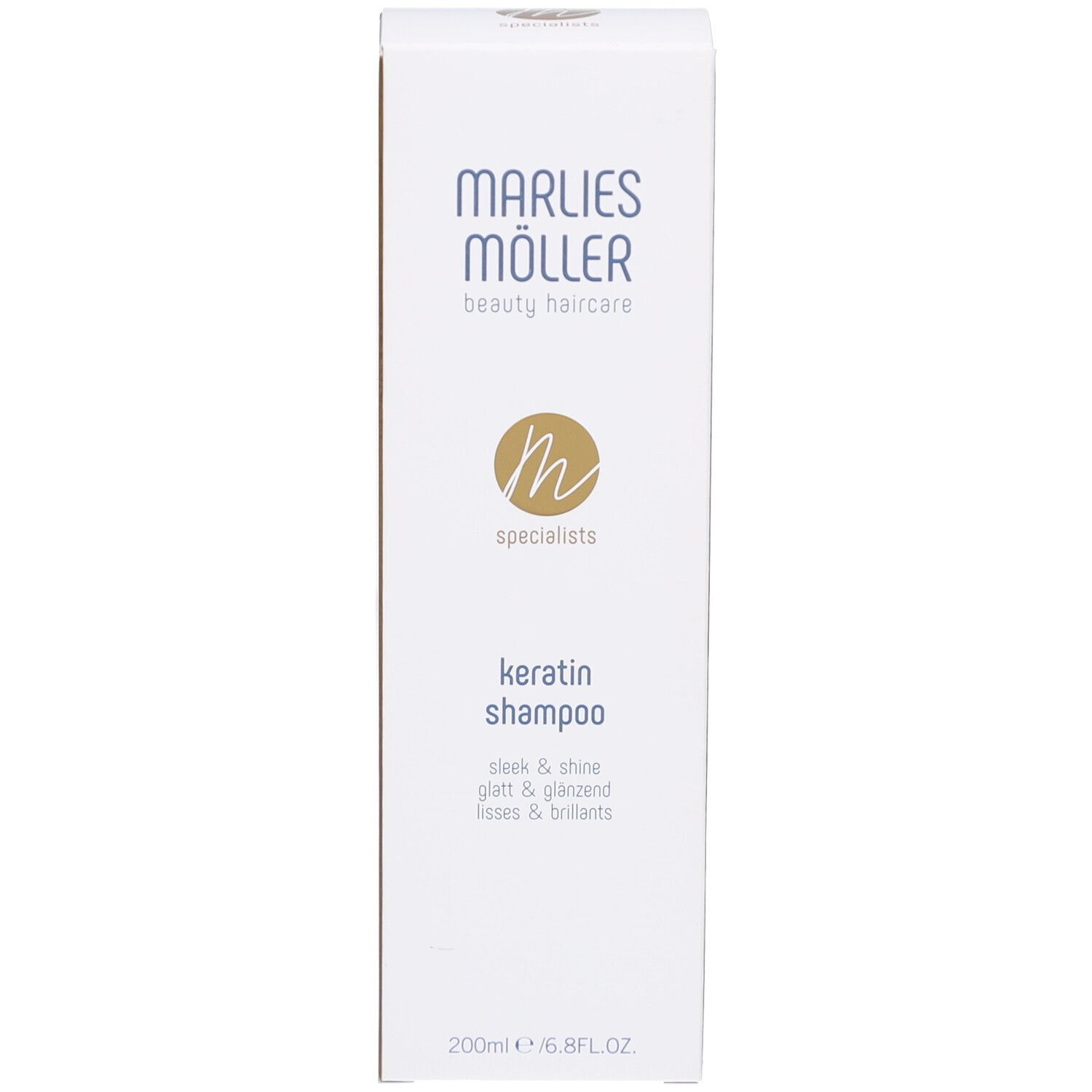 Verpackung von Marlies Möller Keratin Shampoo. Aufschrift: Keratin Shampoo, sleek & shine, glatt & glänzend.