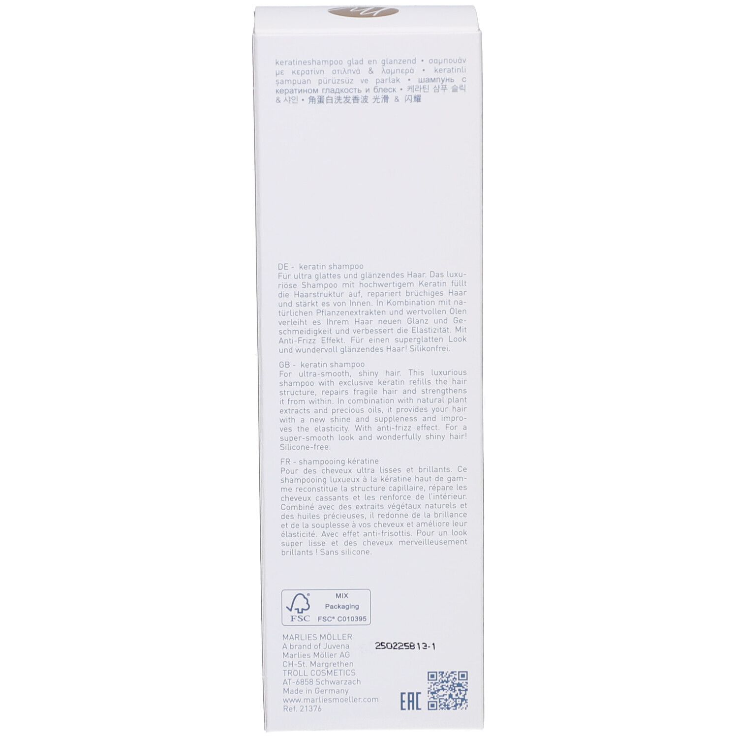 Seite der Verpackung von Marlies Möller Keratin Shampoo. Text in mehreren Sprachen.