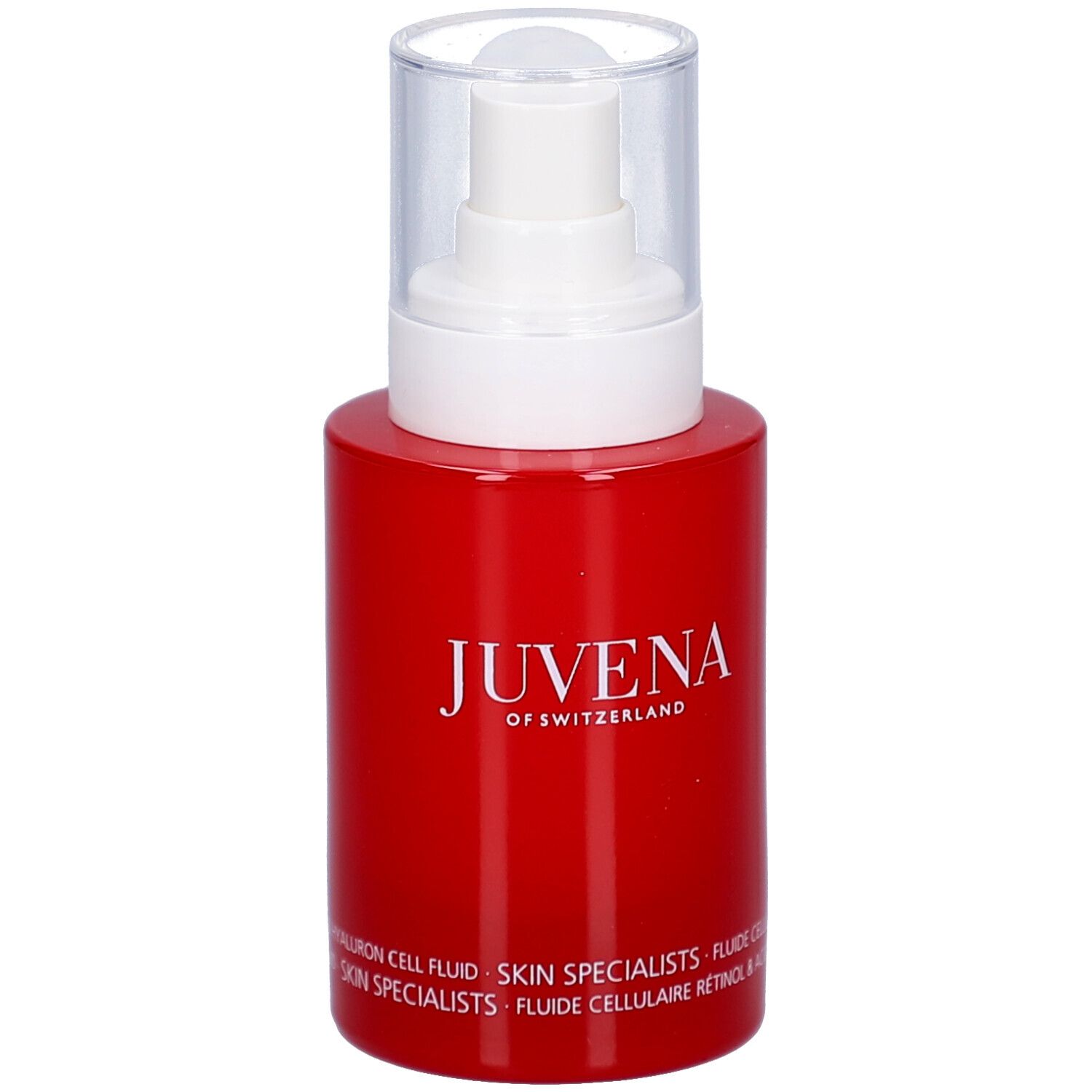Rote Flasche mit weißem Pumpkopf. Aufschrift: Juvena of Switzerland. Produktbezeichnung: Skin Specialists Cell Fluid.