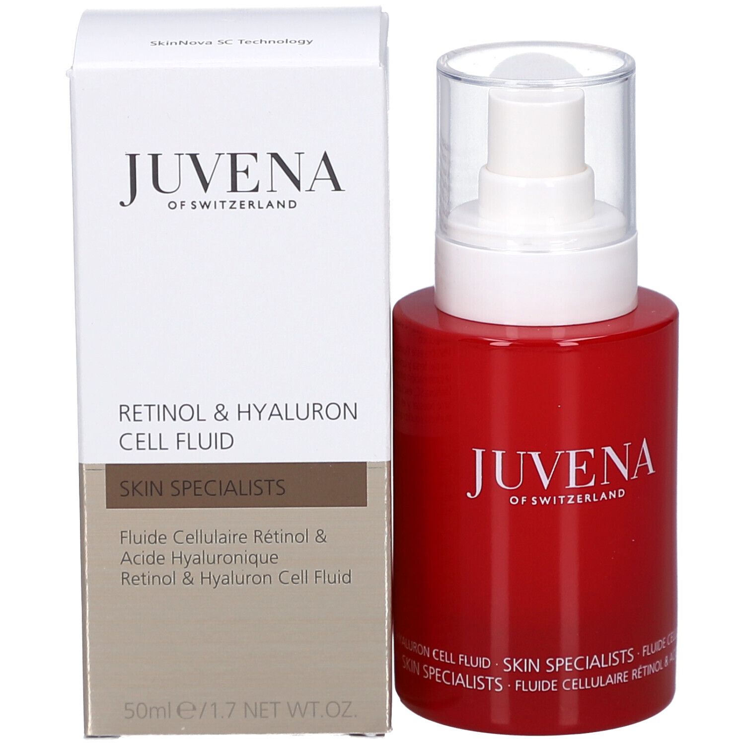 Produktflasche und Verpackung. Aufschrift: Juvena. Produktbezeichnung: Retinol & Hyaluron Cell Fluid. 50ml/1.7 NET WT. 