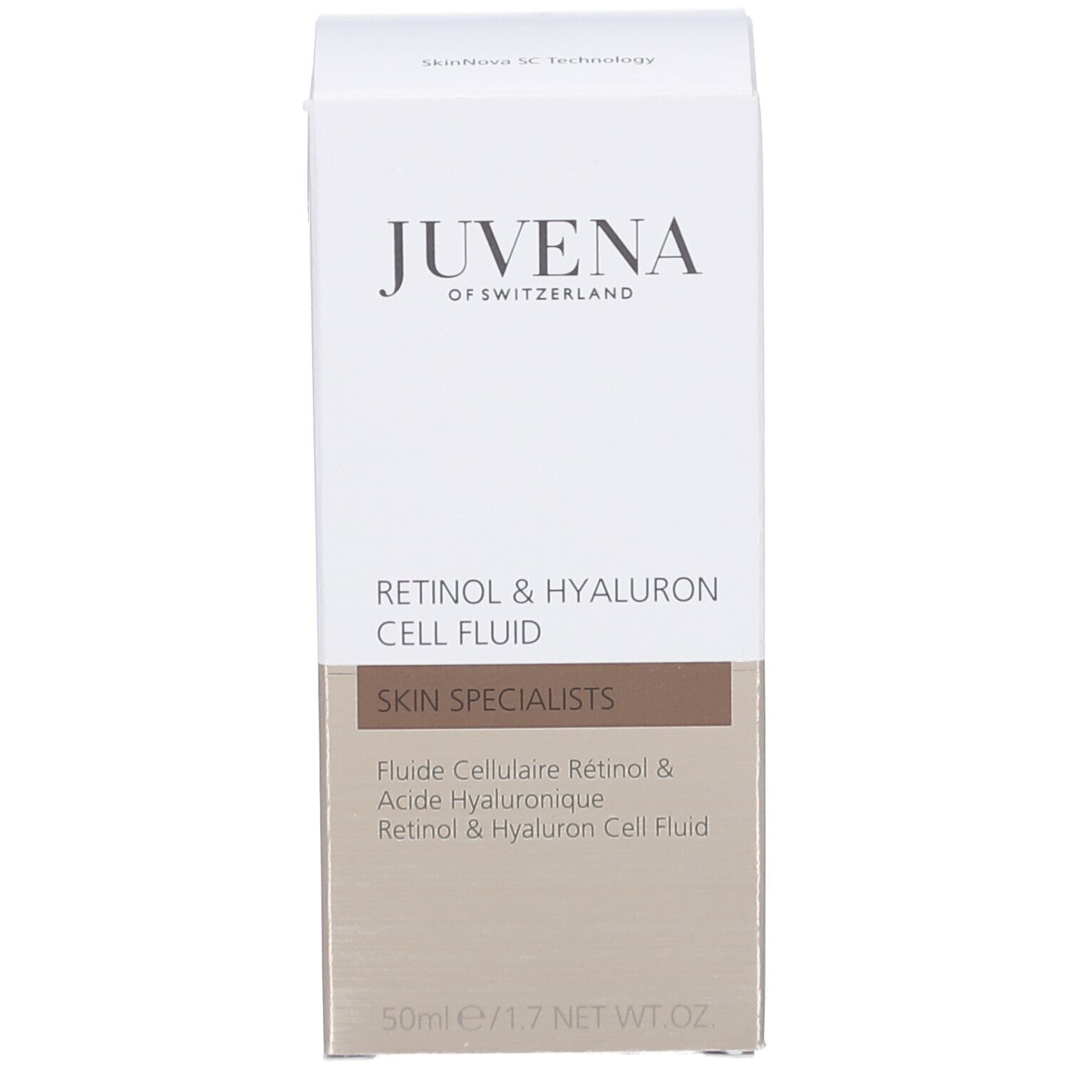 Produktverpackung. Aufschrift: Juvena. Produktbezeichnung: Retinol & Hyaluron Cell Fluid. 50ml/1.7 NET WT.
